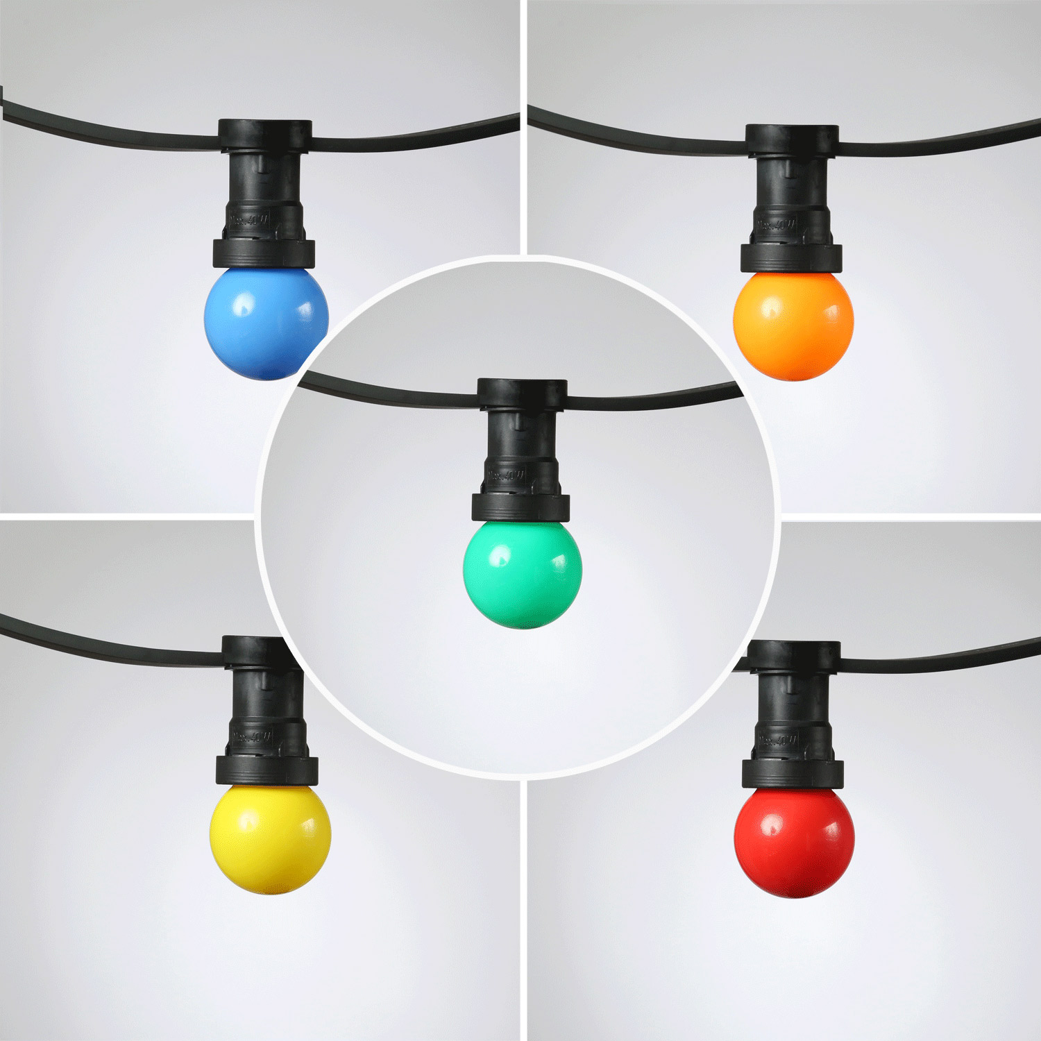 Illu-/Partylichterkette 10m - Außenlichterkette grün - Made in Germany - 30 x bunte LED Kugellampen Illu-/Partylichterkette 10m - Außenlichterkette grün - Made in Germany - 30 x bunte LED Kugellampen