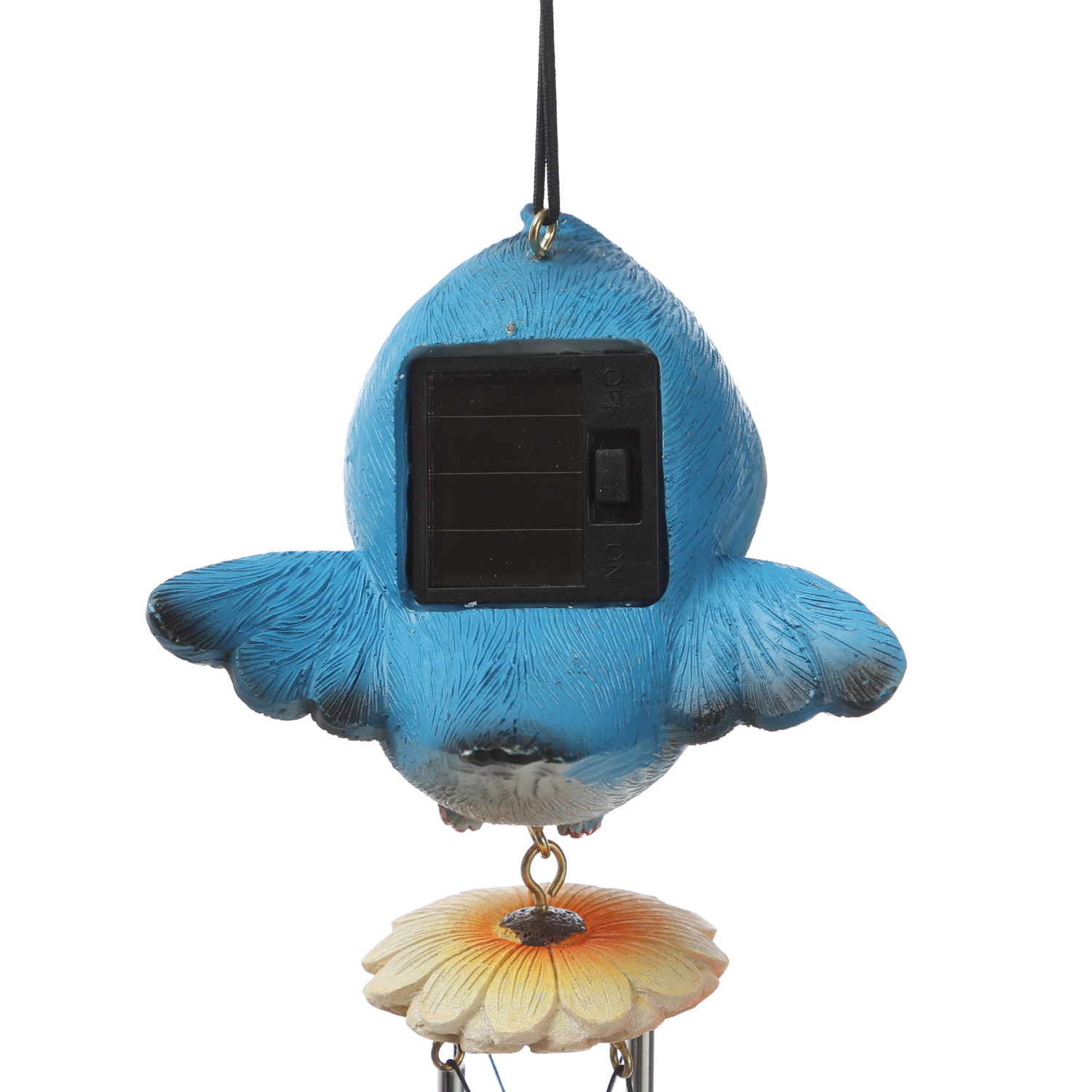 LED Solar Windspiel Vogel - Klangspiel mit Vögelchen mit leuchtenden Augen - H: 29cm - Lichtsensor
