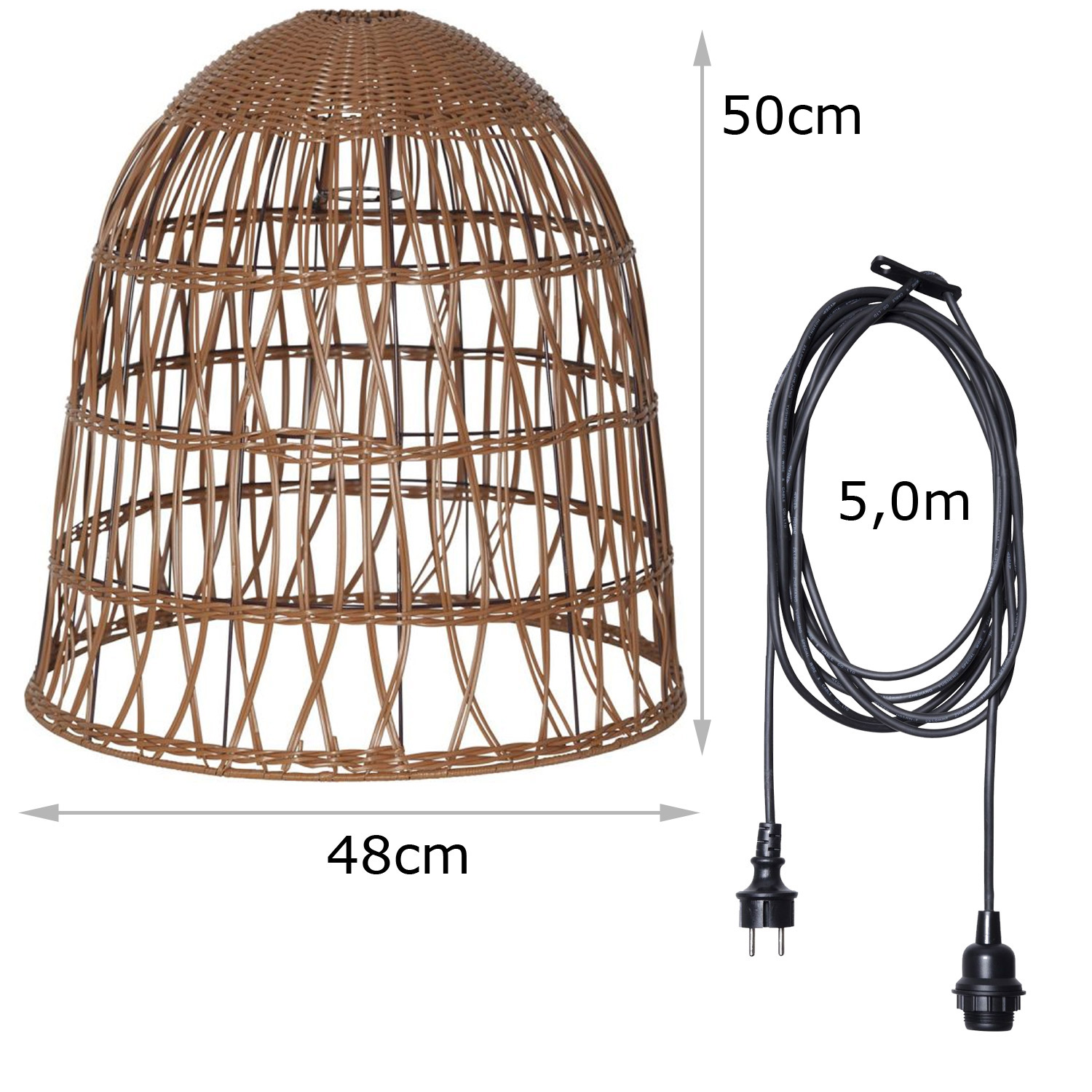Lampenschirm BELL wetterfest - Rattan-Optik - mit E27 Kabelfassung - D: 48cm/H: 50cm - braun
