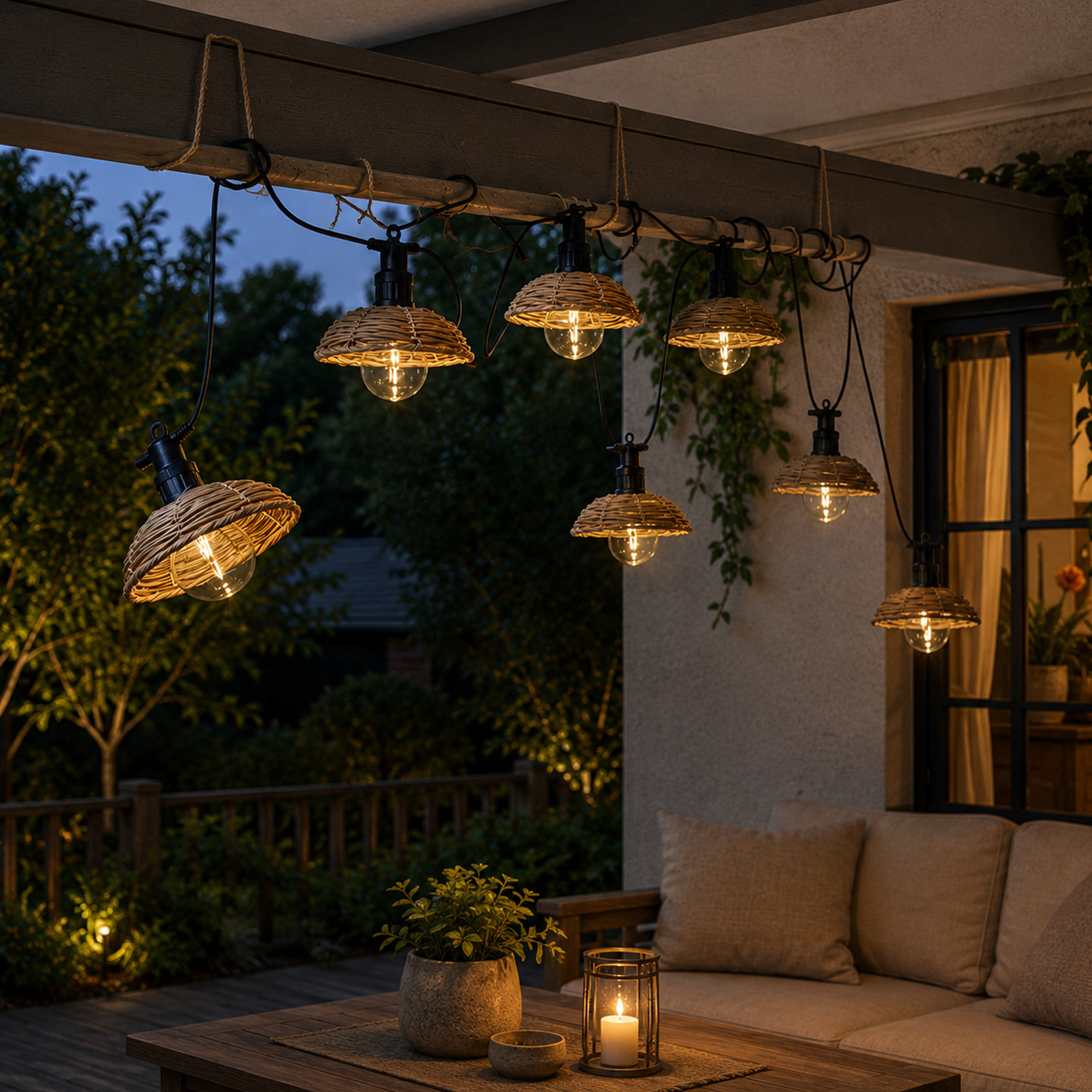 LED Lichterkette BOHO - 6 beluchtete Lampenschire in Korbgeflecht-Optik aus Kunststoff - L: 3,5m