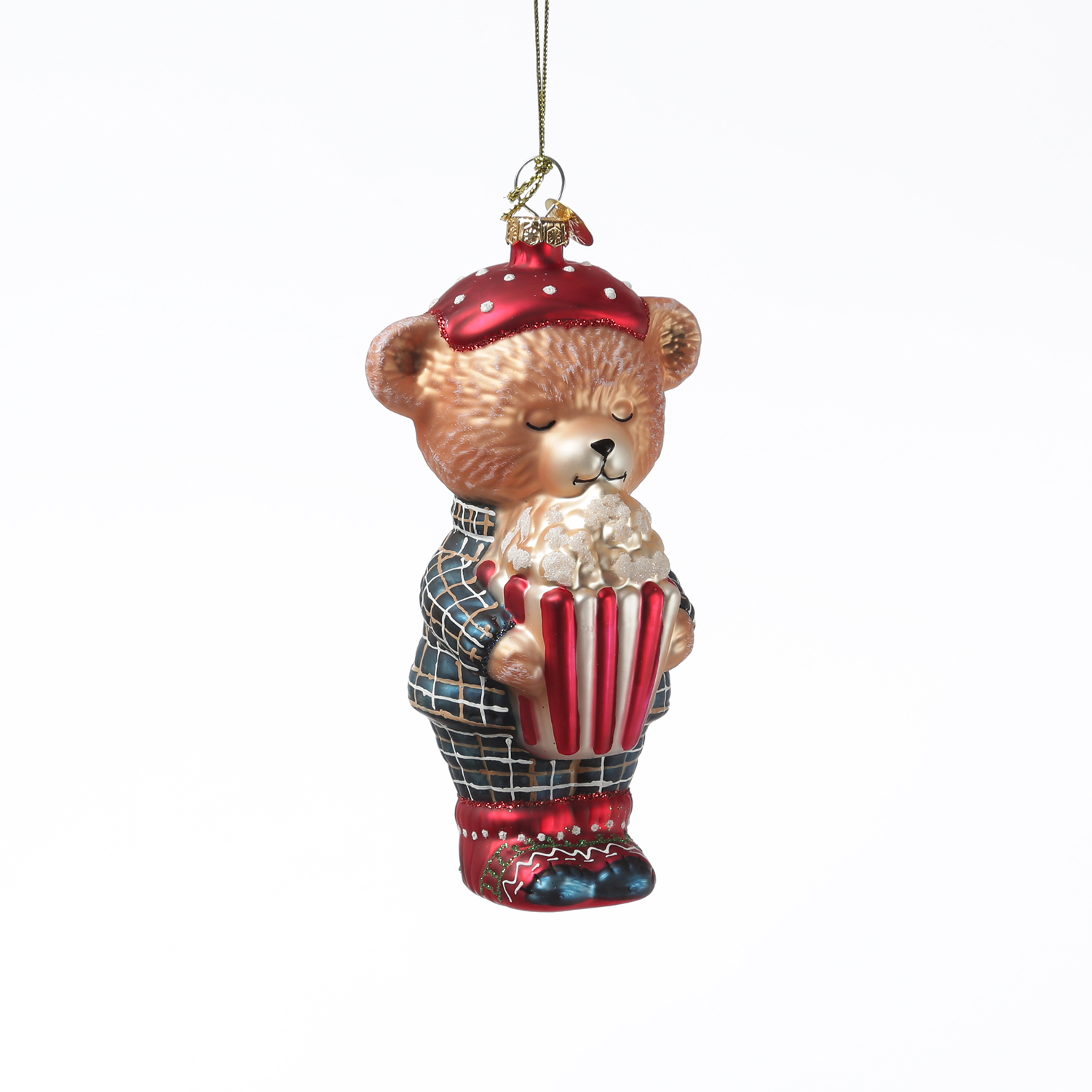 Weihnachtsbaumschmuck Bär im Schlafanzug mit Popcorn - Christbaumschmuck - Glas - H: 13cm Weihnachtsbaumschmuck Bär im Schlafanzug mit Popcorn - Christbaumschmuck - Glas - H: 13cm