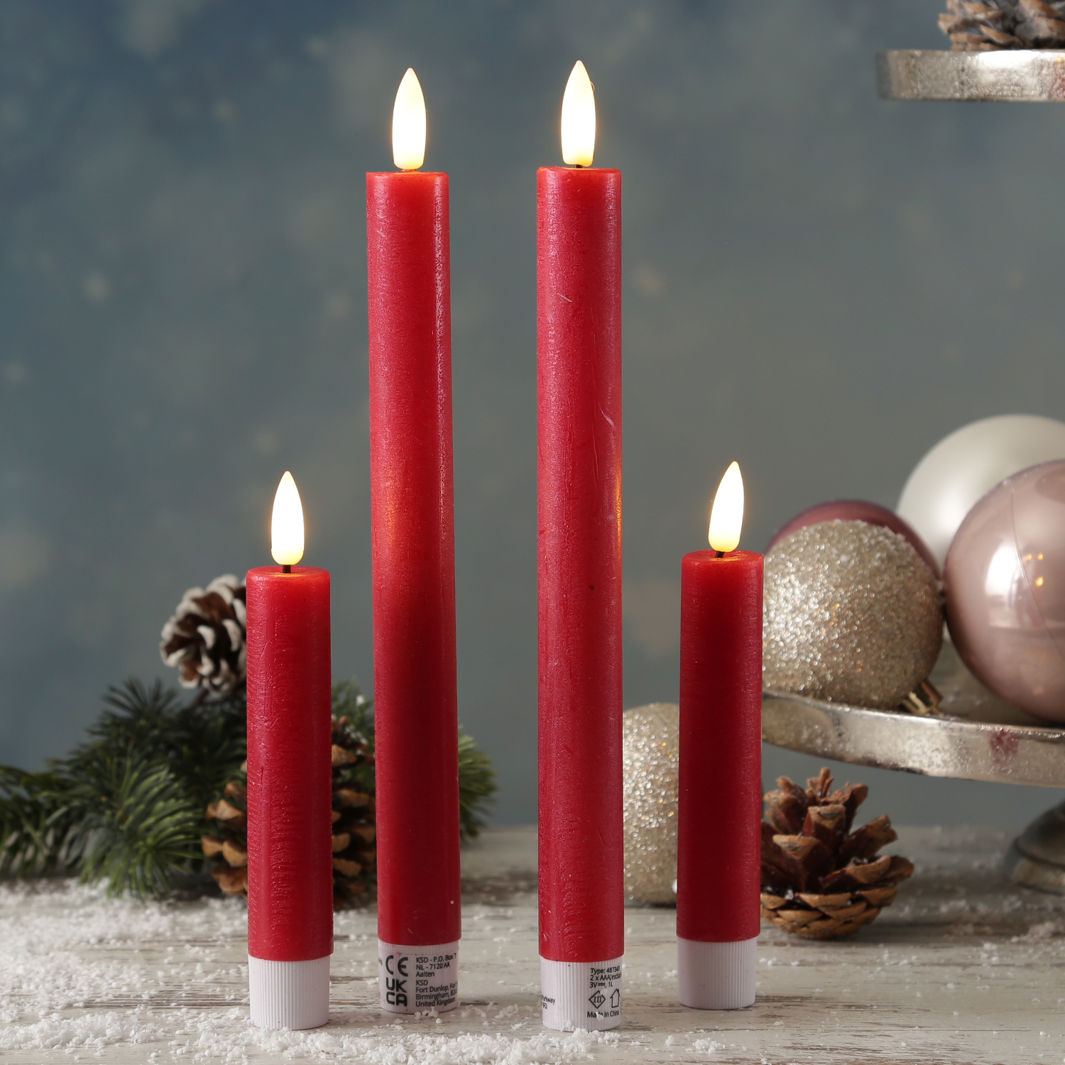 LED Stabkerzen LINA - Rustik-Optik - Echtwachs - 3D Flamme - H: 24cm - Timer - rot - 2er Set