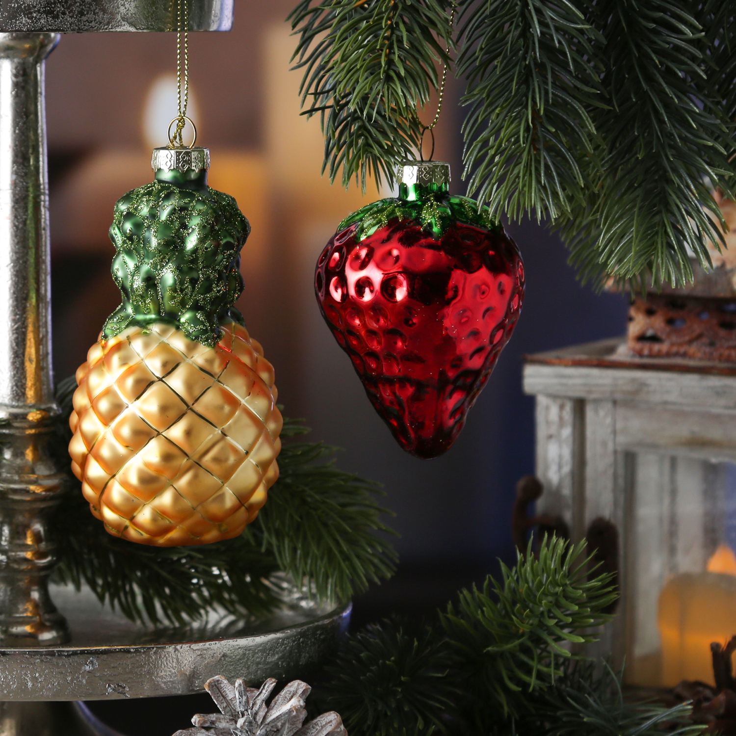 Weihnachtsbaumschmuck Ananas/Erdbeere - Glas - Christbaumschmuck - H: 12cm/9cm Weihnachtsbaumschmuck Ananas/Erdbeere - Glas - Christbaumschmuck - H: 12cm/9cm