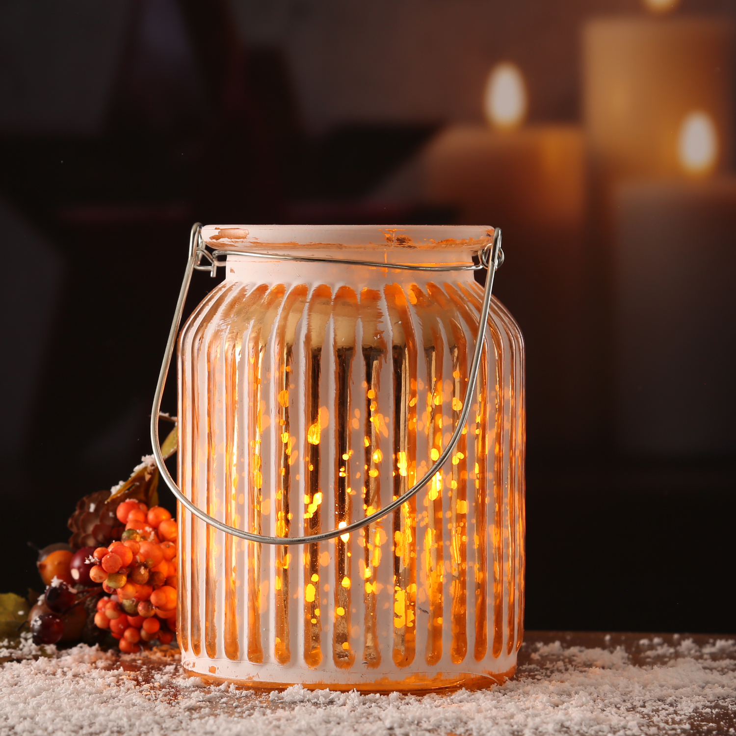 Windlicht - geriffeltes Glas - Metallhenkel - H: 14,5cm - weiß, kupfer Windlicht - geriffeltes Glas - Metallhenkel - H: 14,5cm - weiß, kupfer