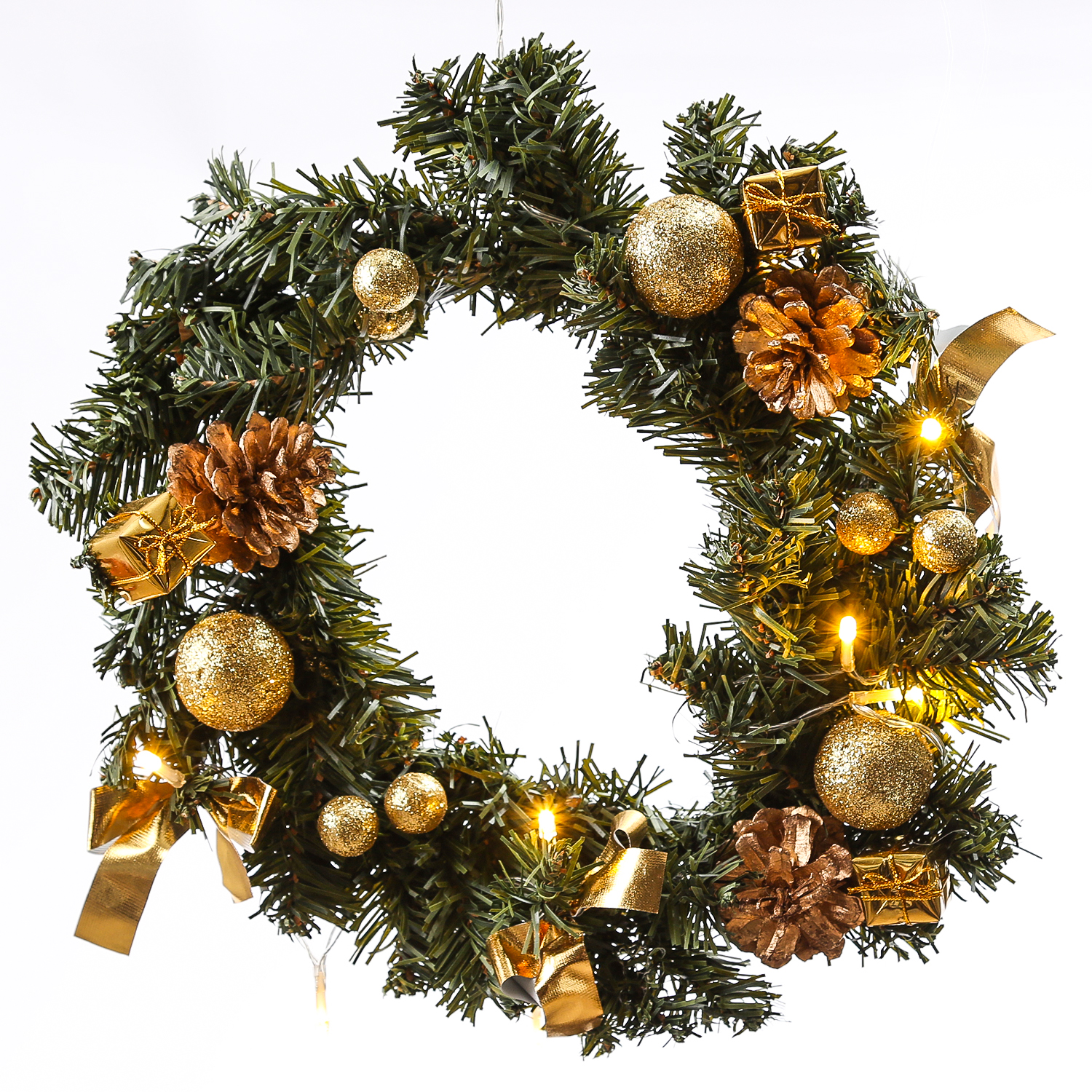 LED Tannenkranz mit Deko - Türkranz - D: 30cm - 10 warmweiße LED - Batterie - für Innen - gold LED Tannenkranz mit Deko - Türkranz - D: 30cm - 10 warmweiße LED - Batterie - für Innen - gold