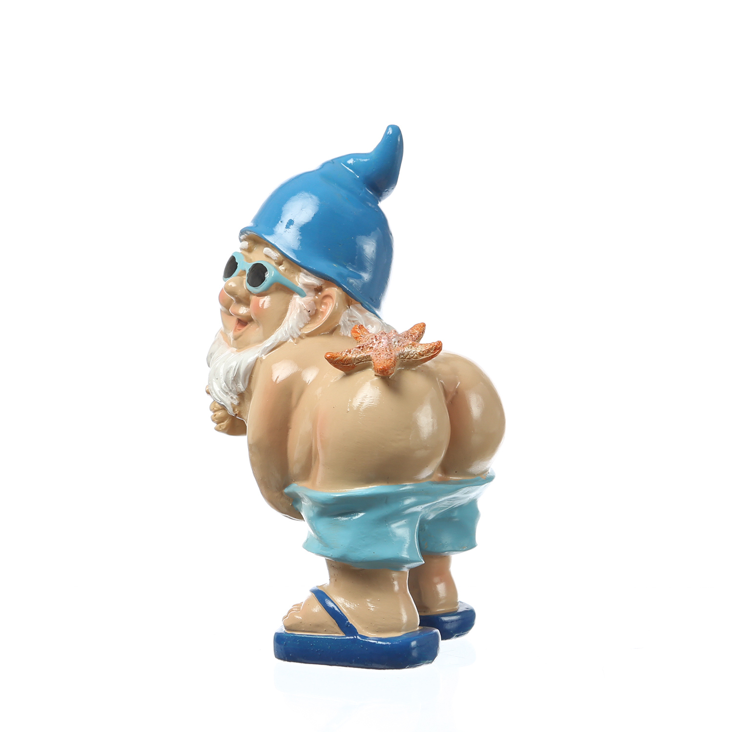Gartenzwerg Hose Runter mit Seestern - Maritimer Zwerg mit nacktem Po  - Polyresin - H: 18cm