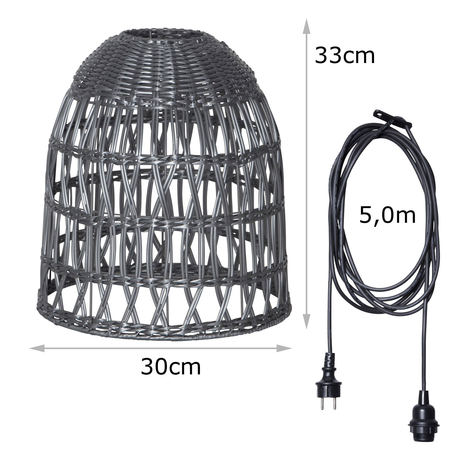 Lampenschirm BELL wetterfest - Rattan-Optik - mit E27 Kabelfassung - D: 30cm/H: 33cm - grau