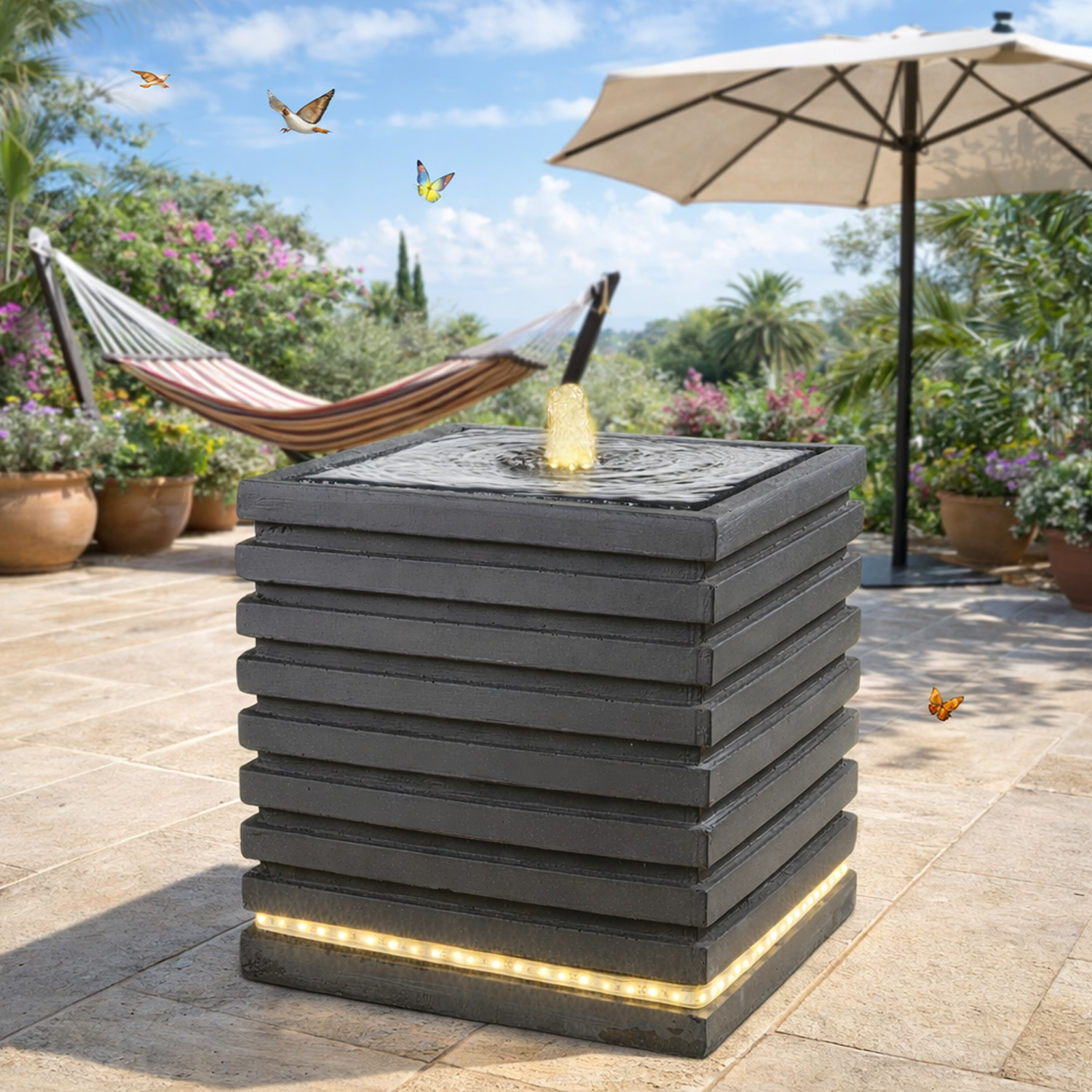 Brunnen Würfel mit Rippen - LED Beleuchtung - 35cm - Kreislaufpumpe