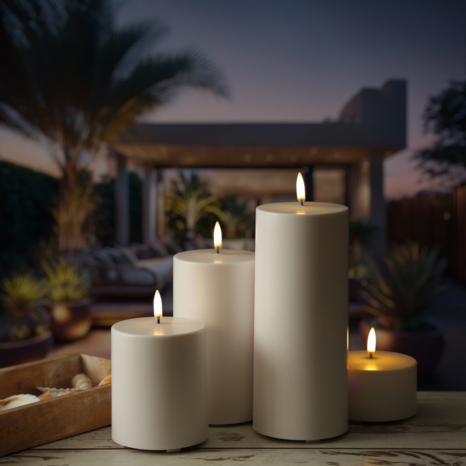 LED Kerze THEA - Kunststoff - Timer - H: 5cm - D: 8,4cm - bis zu 1000 Std.  - für Außen - weiß LED Kerze THEA - Kunststoff - Timer - H: 5cm - D: 8,4cm - bis zu 1000 Std.  - für Außen - weiß