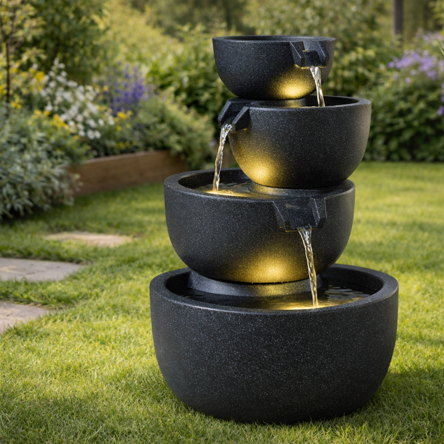 Outdoor Schalenbrunnen - 3 Kaskaden Solar LED Beleuchtung