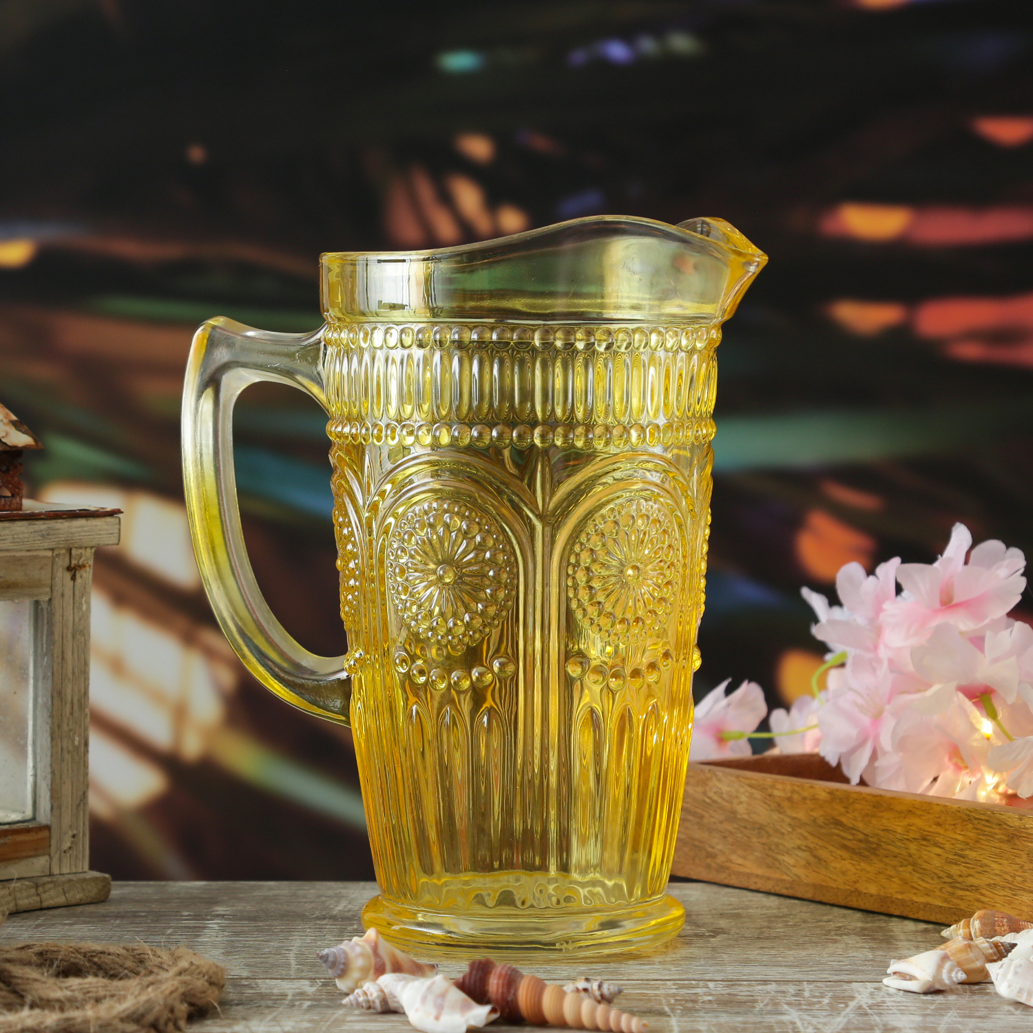 Krug Vintage mit Blumenmuster - Glas - Kanne - Boho Stil - 1,4l - gelb