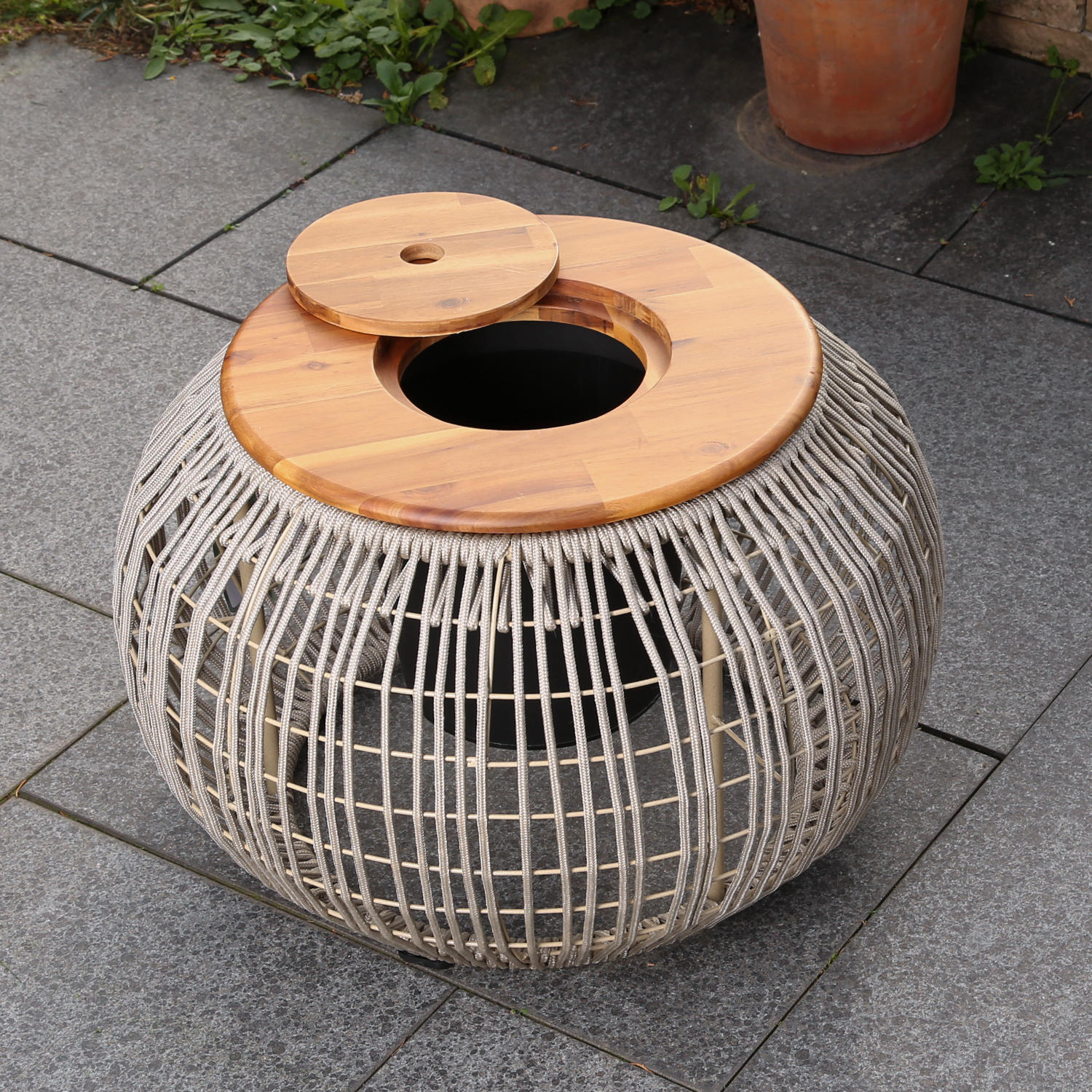 Garten Beistelltisch - integrierter Behälter - Kunststoffseil - H: 37cm - D: 58cm - beige