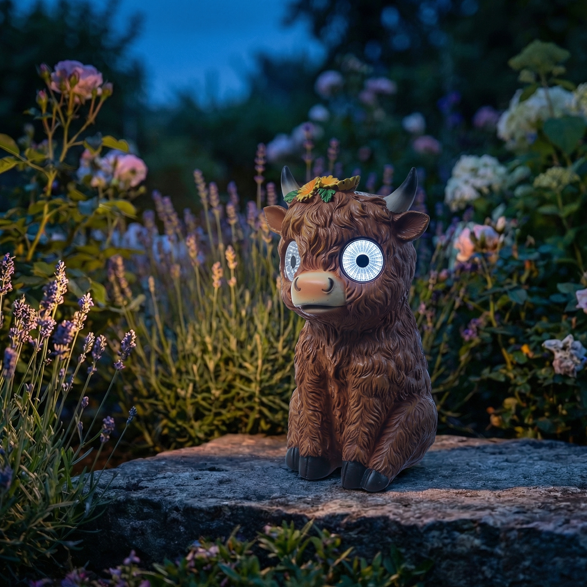 LED Solar Kuh mit leuchtenden Augen - Tierfigur  - H: 25cm - Lichtsensor - Polyresin