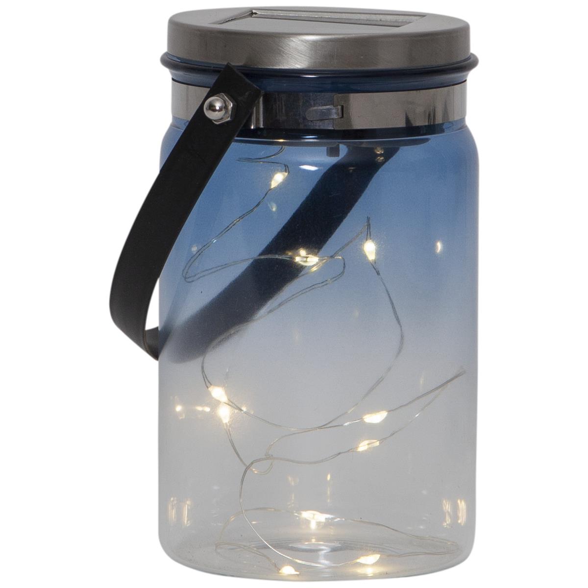 LED Solarglas Tint- LED Drahtlichterkette - Lichtsensor - H:15cm, D: 9cm - mit Aufhänger - blau