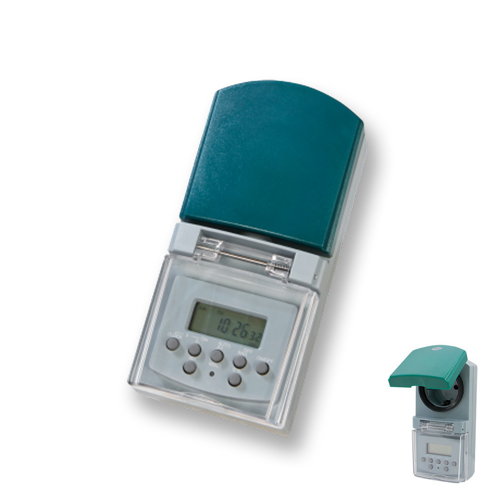 Digitale Wochen Zeitschaltuhr IP44 (20 Zyklen/Tag, max 1800W, Tages-Wochen-/Wochenendprogramm) Digitale Wochen Zeitschaltuhr IP44 (20 Zyklen/Tag, max 1800W, Tages-Wochen-/Wochenendprogramm)