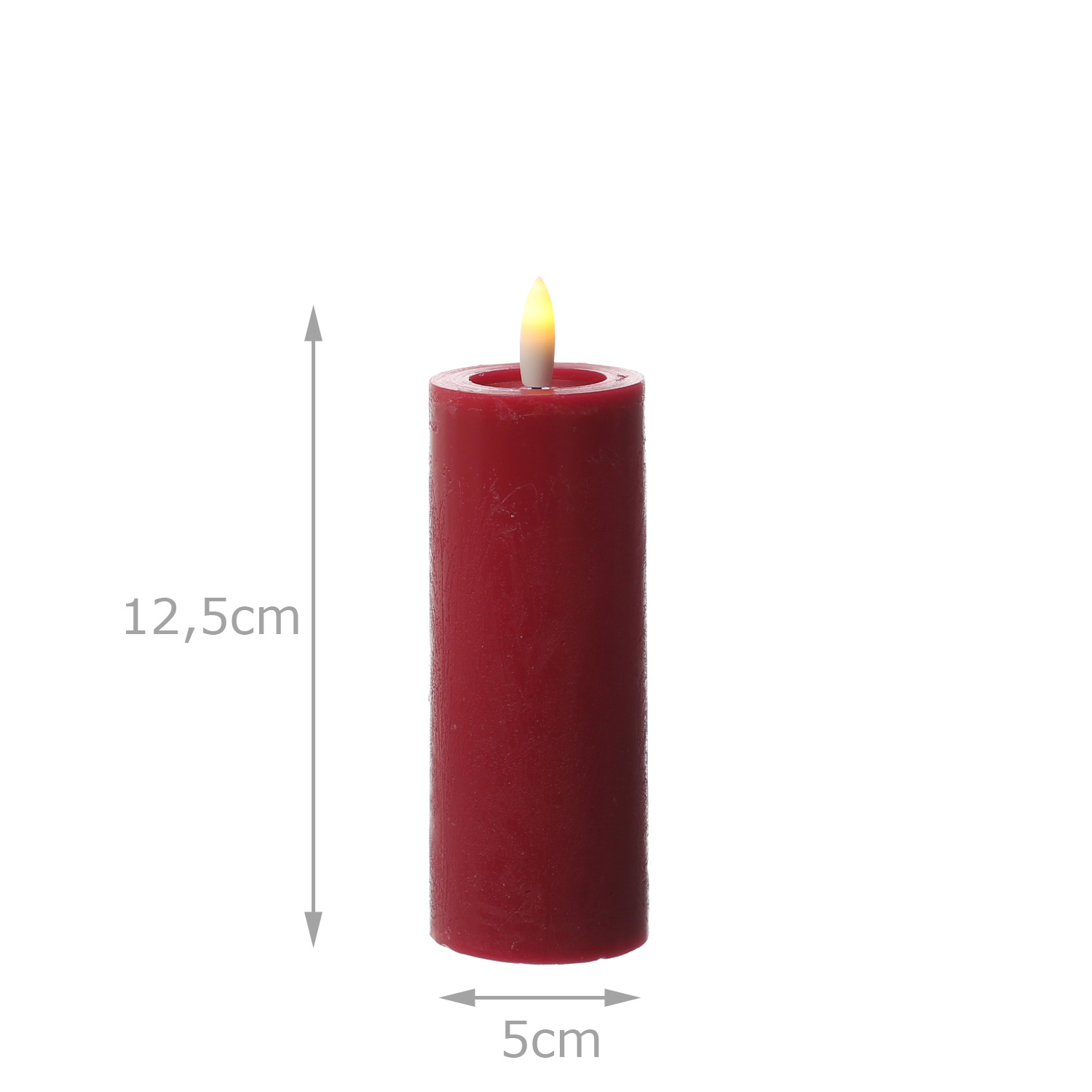 LED Kerze LINA - Rustik-Optik - Echtwachs - 3D Flamme - H: 12,5cm - D: 5cm - Batterie - Timer - rot