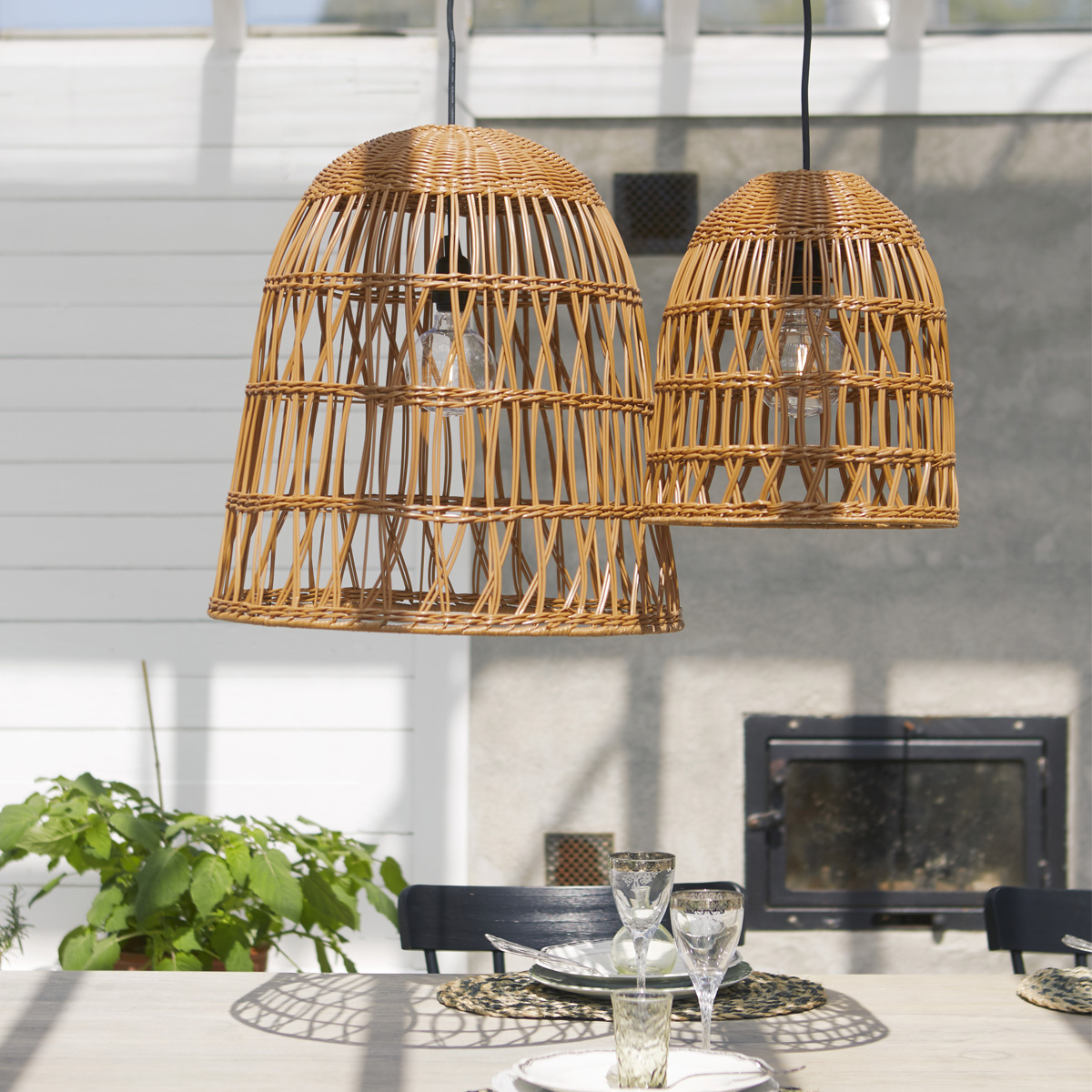 Lampenschirm BELL wetterfest - Rattan-Optik - mit E27 Kabelfassung - D: 48cm/H: 50cm - braun