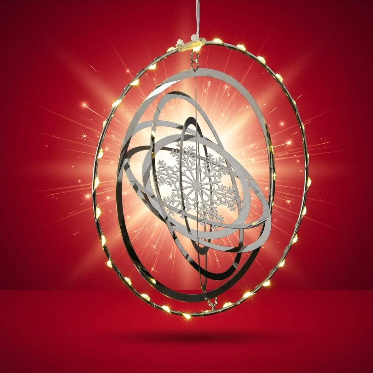 LED Kreis mit Schneeflocke - 3D Dekohänger - 30 warmweiße LED - D: 20cm - Timer - silber