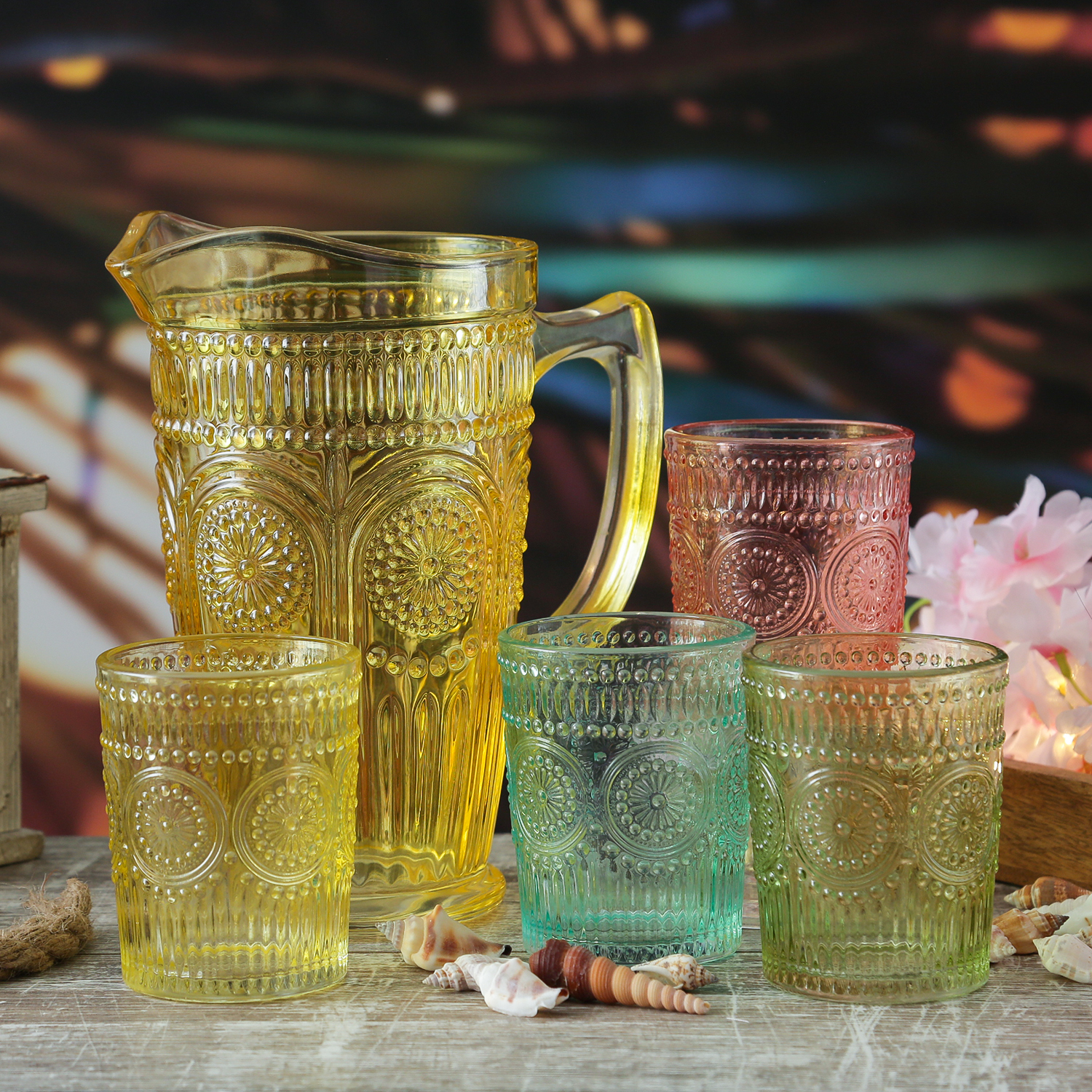 Krug Vintage mit Blumenmuster - Glas - Kanne - Boho Stil - 1,4l - gelb