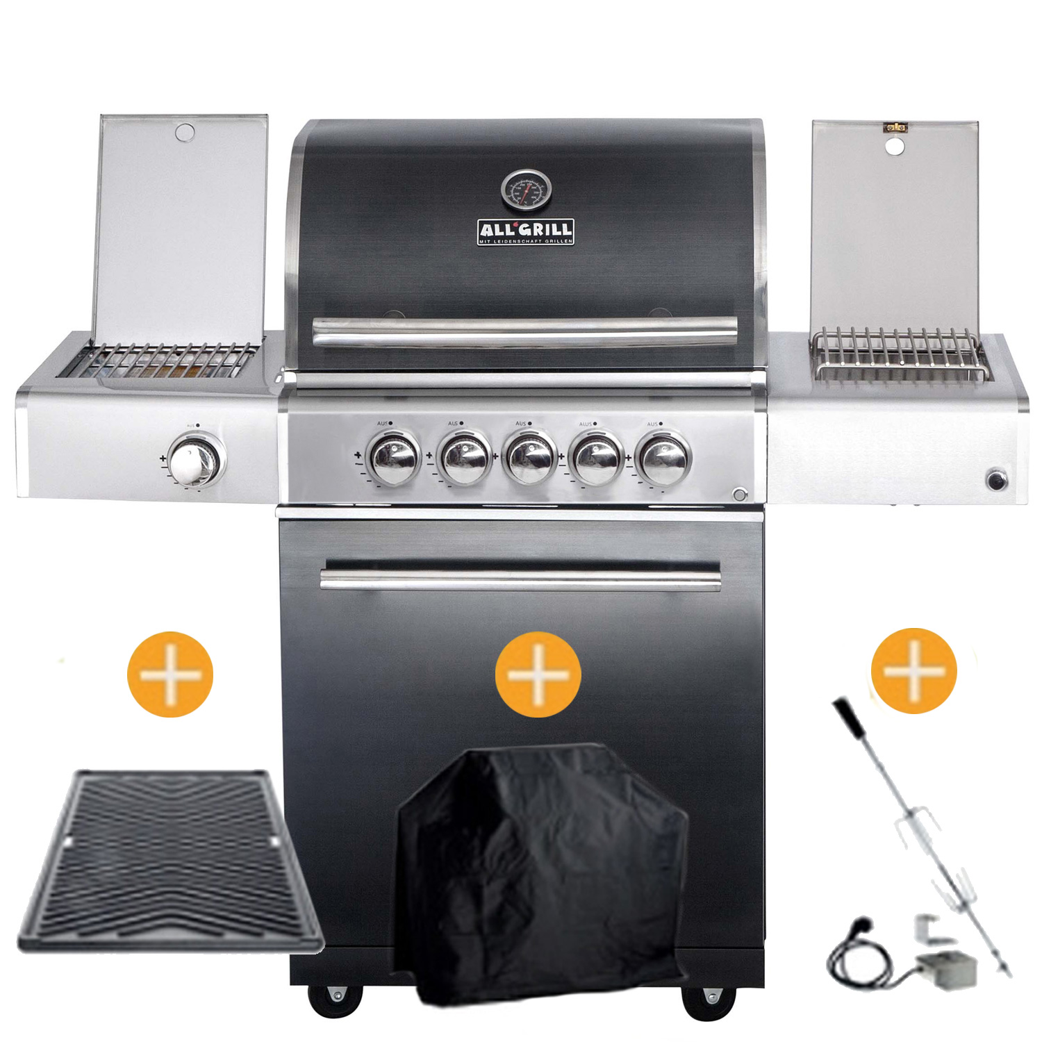 CHEF Paket M3 schwarz 3 Brenner Backburner Seitenkocher Steakzone AIR System GRATIS: Cover, Grillplatte, Spieß