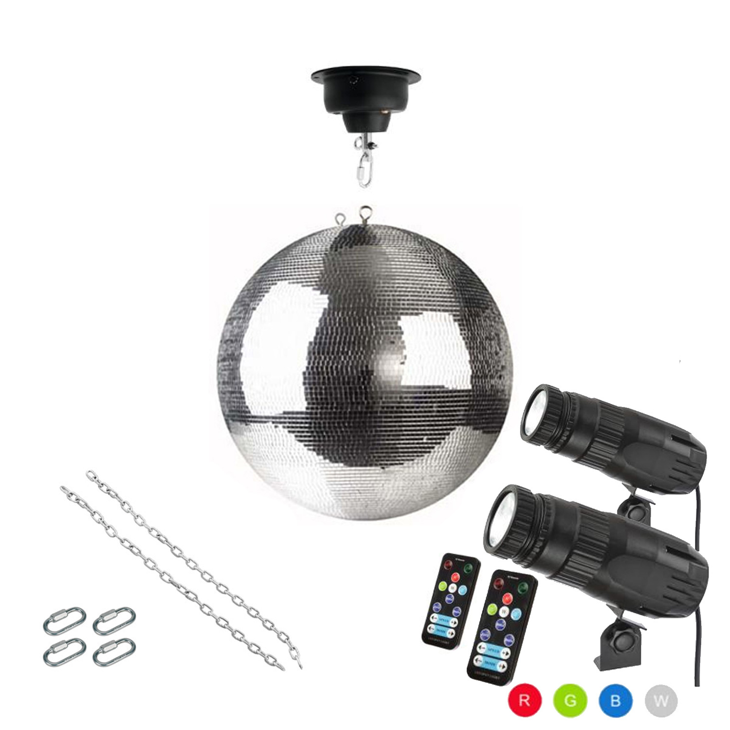 Spiegelkugel Komplettset - Discokugel, Motor, Pinspot, Montagematerial für Diskokugel - Mirrorball Set - Partyset