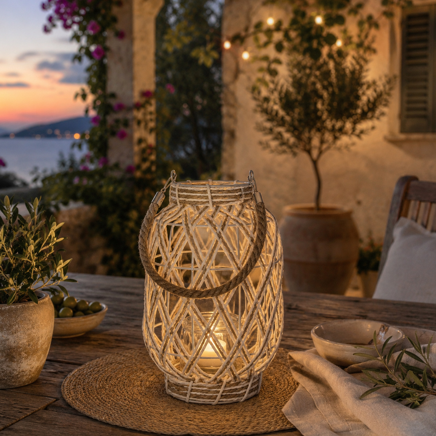 Windlicht mit Glaseinsatz - maritime Laterne - Henkel aus Juteseil - H: 30cm - weiß/natur