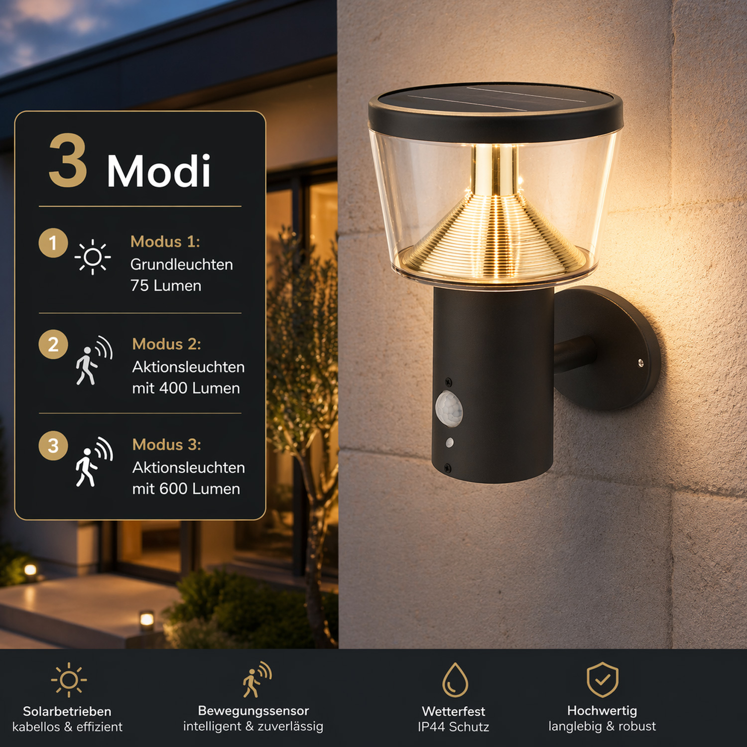 Solar-Wandleuchte mit Bewegungsmelder - 3 Modi - Premium-Solarfeld
