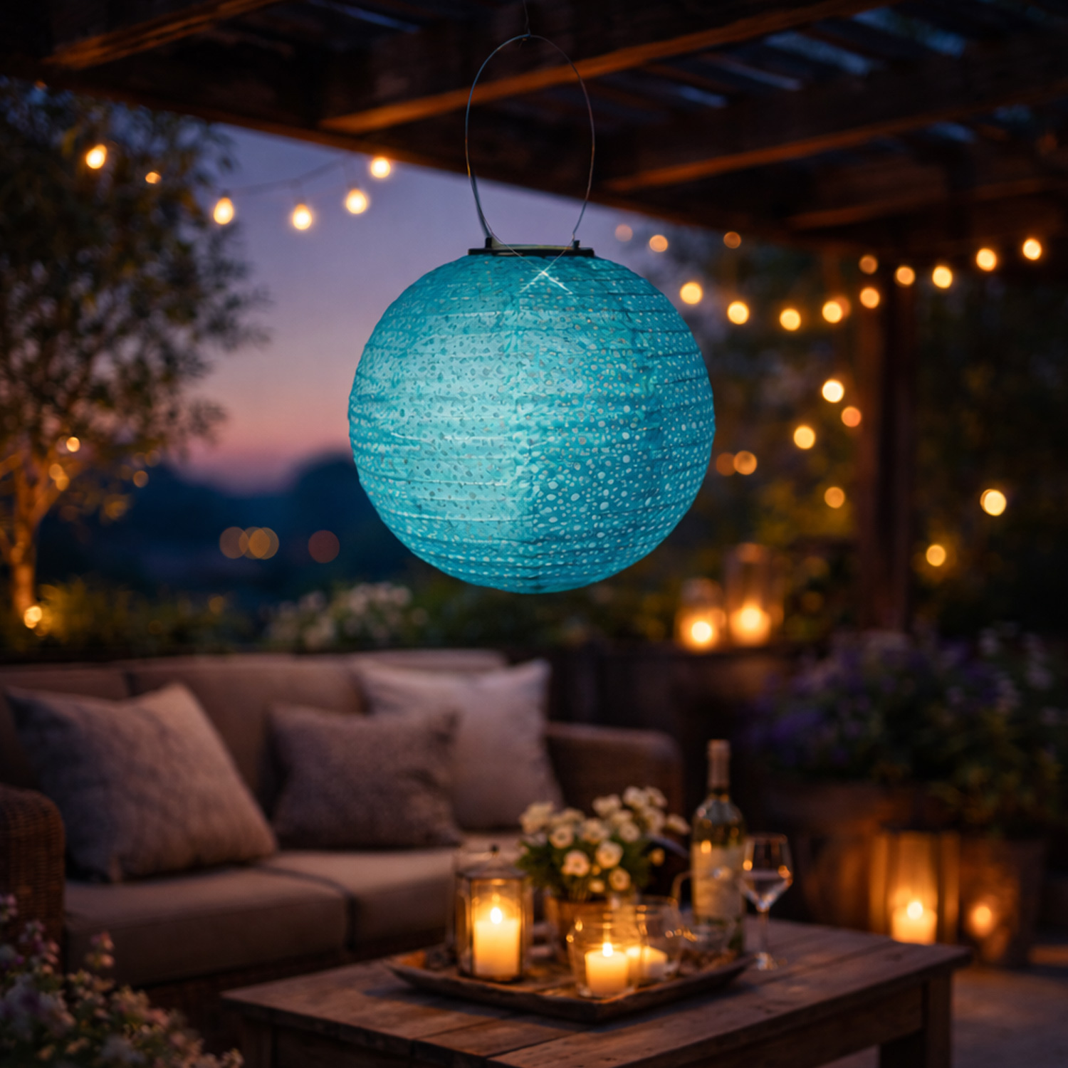 LED Solar Lampion - mit Blumenmuster - warmweiße LED - H: 25cm - D: 25cm - Lichtsensor - blau