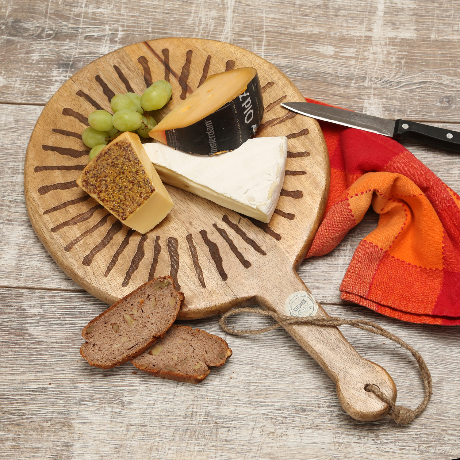 Schneidebrett SONNE - Servierbrett - rund - Mangoholz - mit Griff - L: 46cm - natur