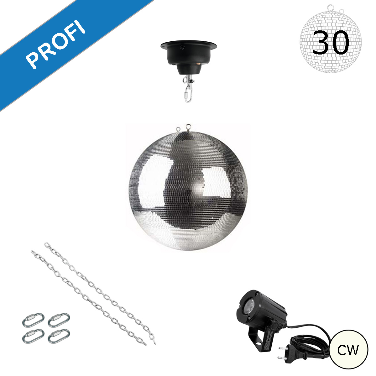 Spiegelkugel Komplettset - Discokugel, Motor, Pinspot, Montagematerial für Diskokugel - Mirrorball Set - Partyset