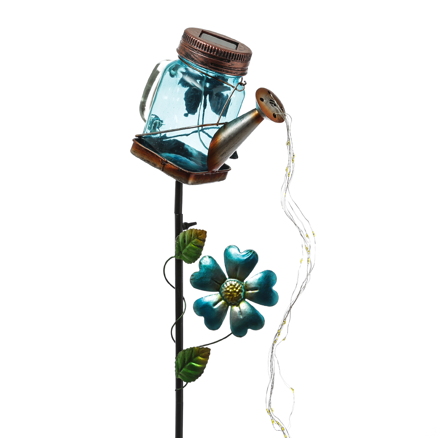 LED Solar Gießkanne mit Wasserfall Lichterkette - Solarglas mit Schmetterling - H: 80cm - Sensor