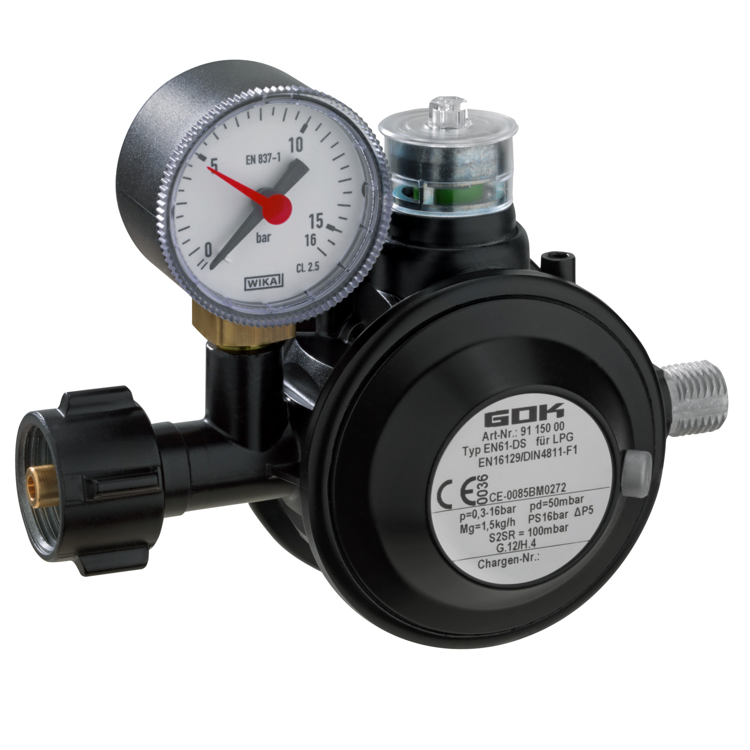 GOK Niederdruckregler EN61-DE - 50mbar - 1,5kg/h - Manometer, Überdruckventil