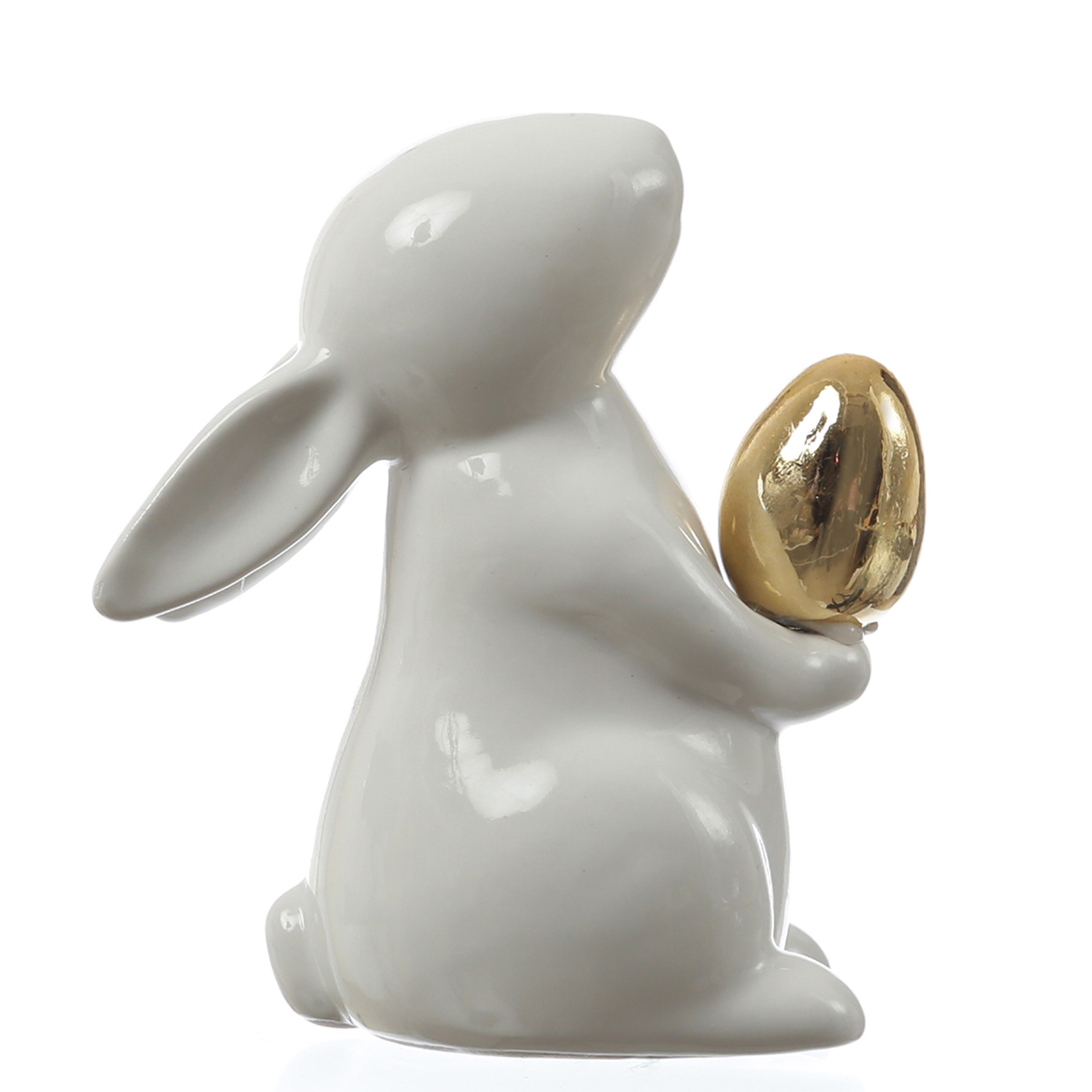 Hase mit goldenem Ei - Osterhase - Dekofigur - H: 13cm - Dolomit - weiß