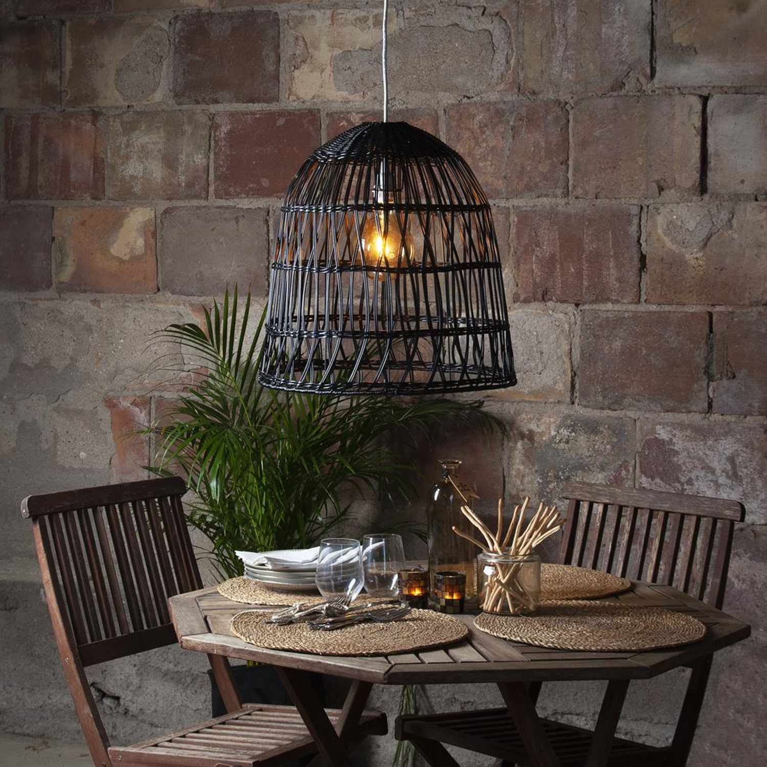 Lampenschirm BELL wetterfest - Rattan-Optik - mit E27 Kabelfassung - D: 48cm/H: 50cm - schwarz