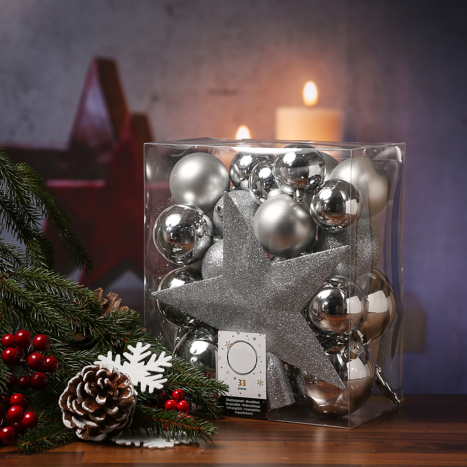 Christbaumkugel - Weihnachtsbaumkugel - bruchfest - glänzend, matt und glitzernd - silber - 33er Set