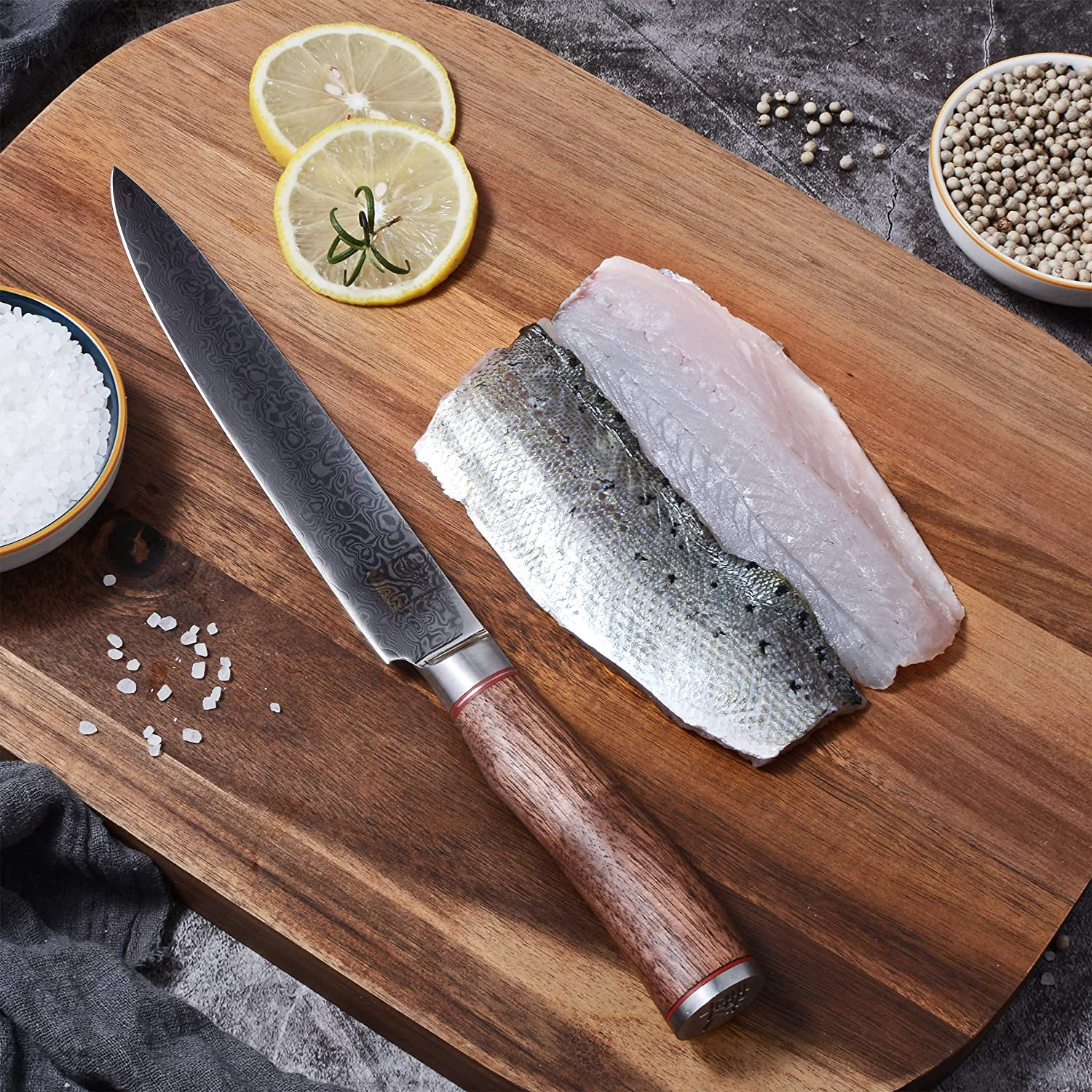 ZAYIKO Damastmesser KURUMI Fleischmesser - 20cm Klinge - Nussbaumgriff - VG-10 Stahlkern