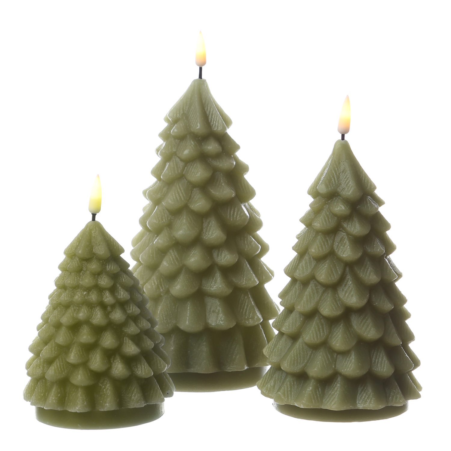 LED Kerze Tannenbaum - Echtwachs - flackernde 3D Flamme - H: 16cm - D: 9cm - hellgrün