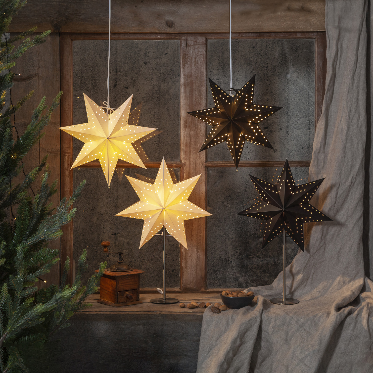 Papierstern Bobo - hängend - 7-zackig - D: 34cm - inkl. E14 Fassung u. Kabel - weiß Papierstern Bobo - hängend - 7-zackig - D: 34cm - inkl. E14 Fassung u. Kabel - weiß