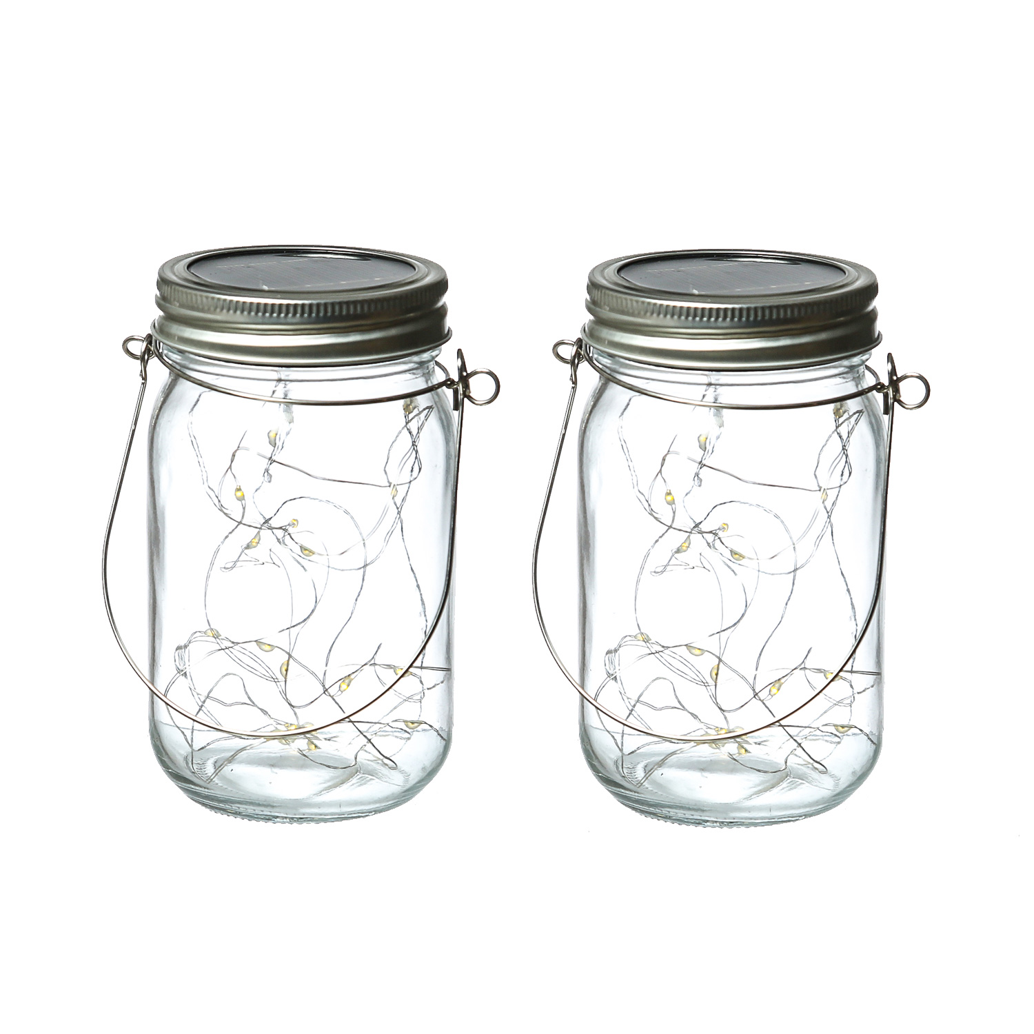 LED Solar Gläser - Windlichter mit Drahtlichterkette - Lichtsensor - H: 13cm - transparent - 2 Stück