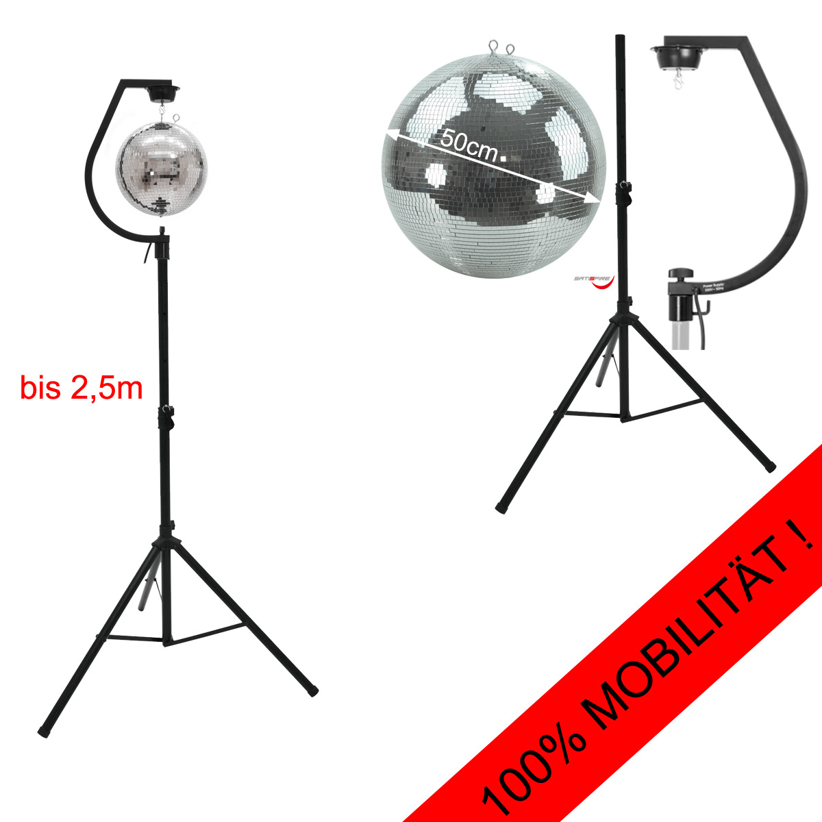 Spiegelkugel SET 50cm PROFI Kugel mit schwarzer Stativhalterung - inkl. Motor