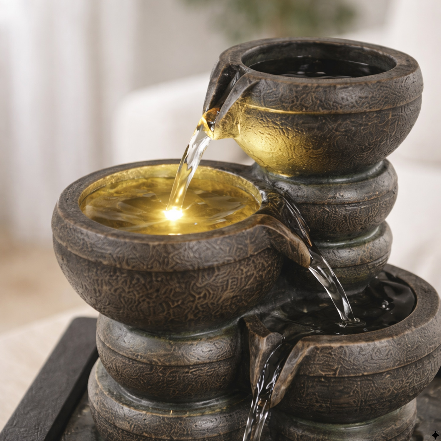 Kaskaden-Tischbrunnen mit LED Beleuchtung H25cm Zimmerbrunnen innen und außen