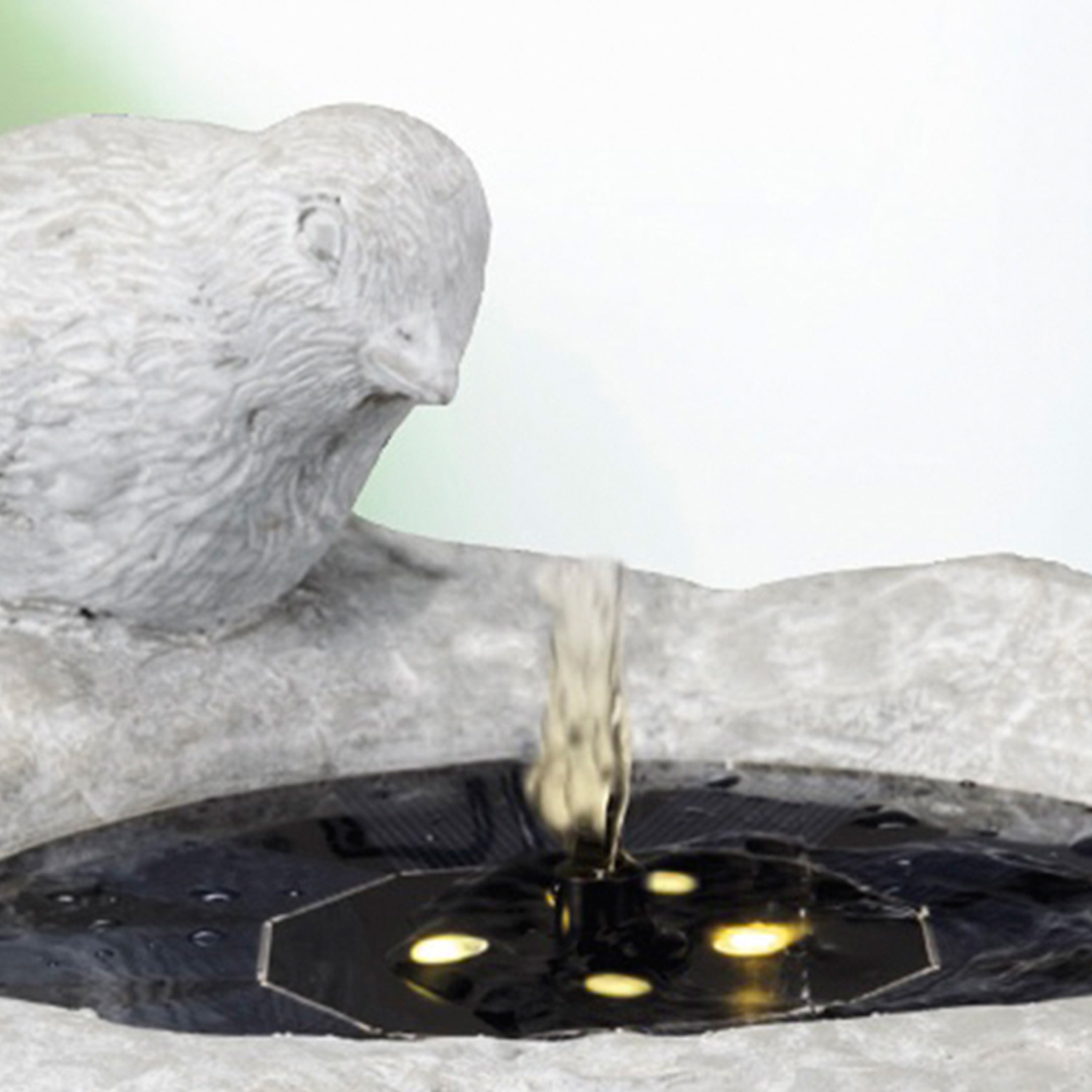 LED Solar Brunnen - Gartenbrunnen mit Vögelchen - GRC Beton - 4 warmweiße LED - H: 34cm - grau