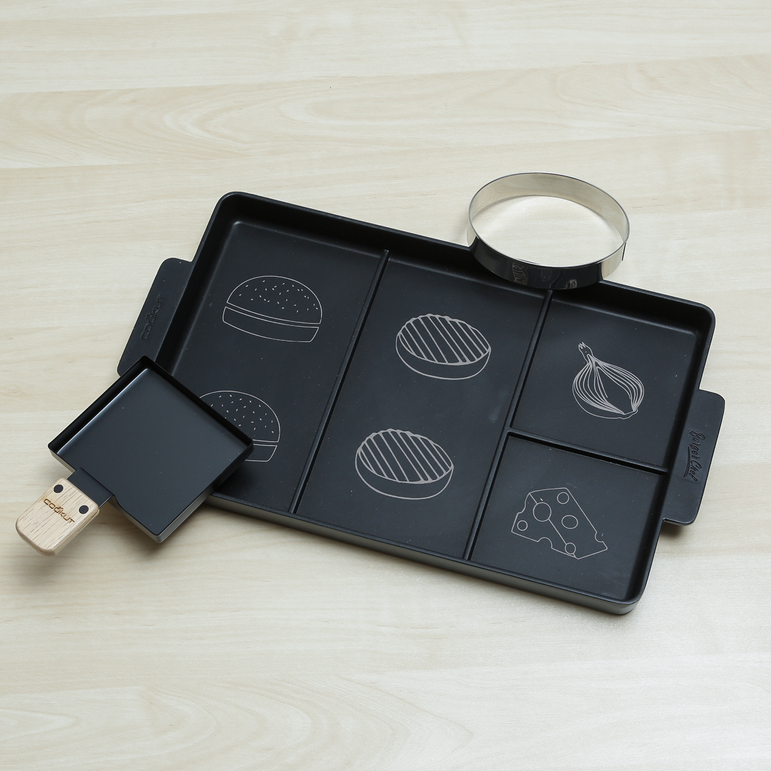 Cookut Burger Chef - Burger Set - Anrichteplatte für Burger 40x23cm - Burgerring, Pfännchen - 3in1