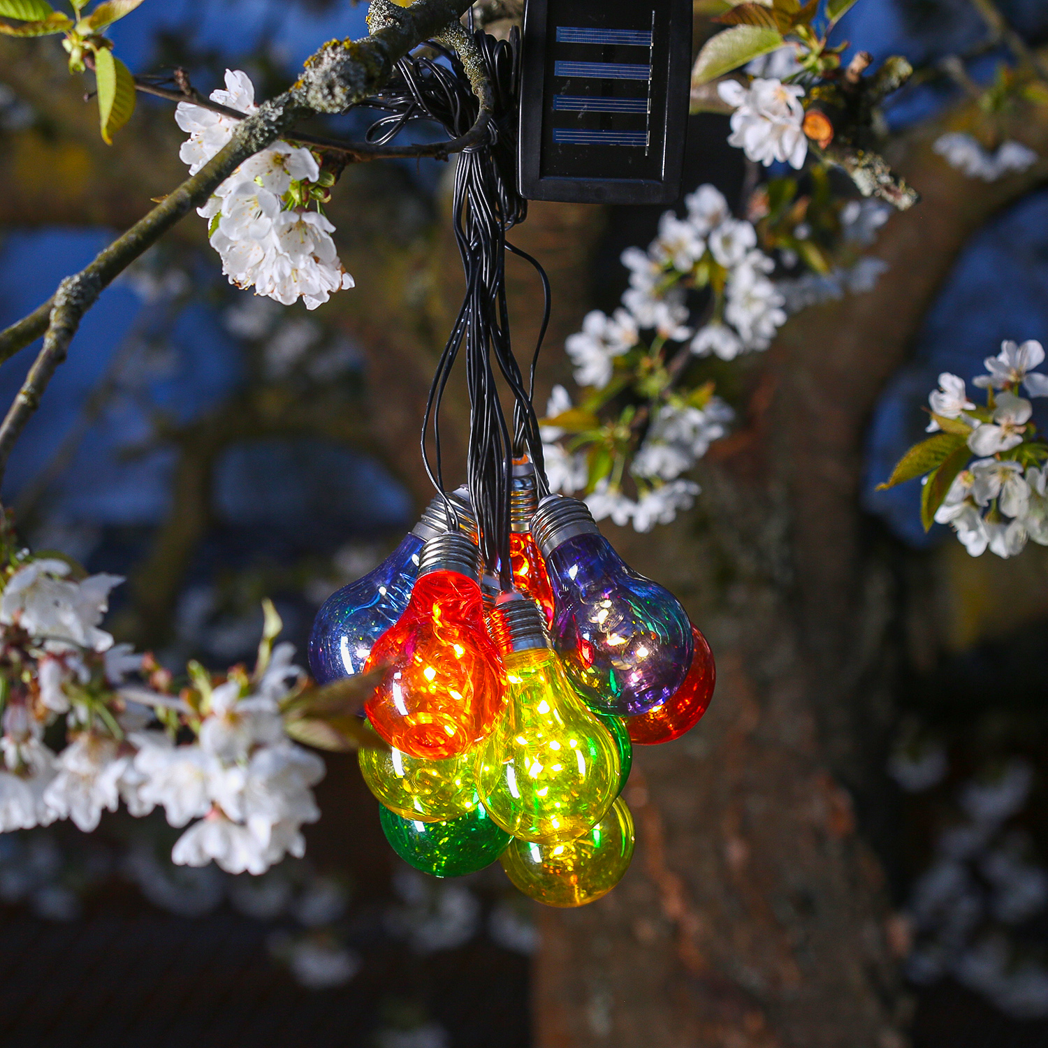 LED Solar Lichterkette GLOW - bunte Glühbirnen mit Drahtlichterkette - warmweiße LED - L: 4,5m