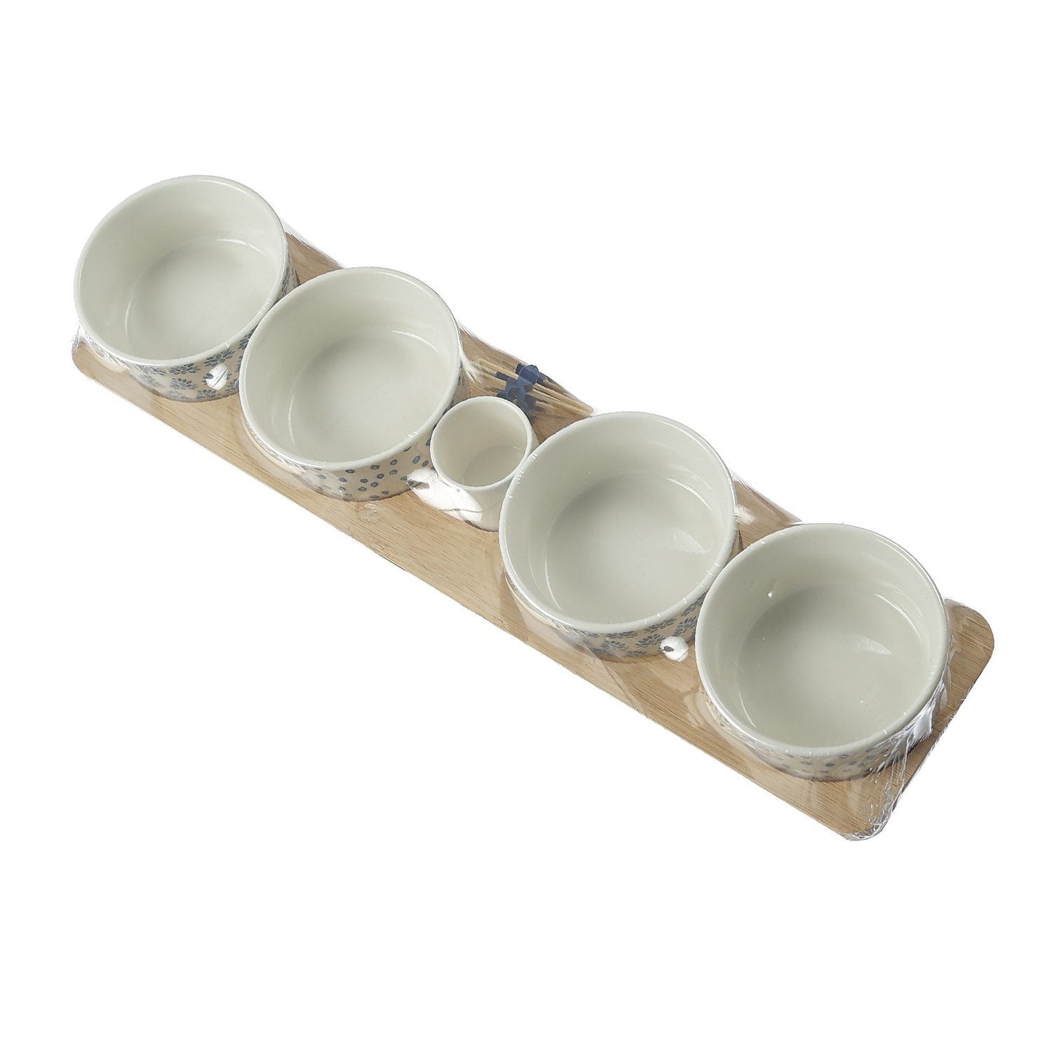 Tapas Set - Servierset - Holzbrett mit 4 Schalen - L: 40cm - Porzellan - weiß, blau