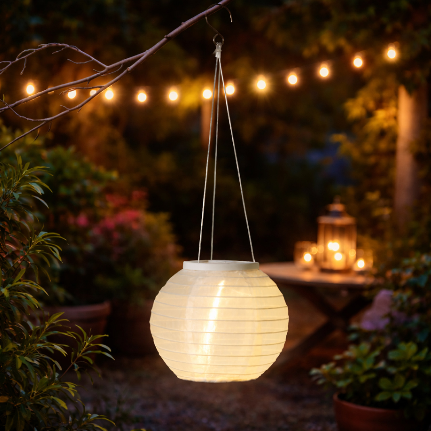LED Solar Lampion - warmweiße LED - H: 10cm - D: 15cm - Lichtsensor - weiß