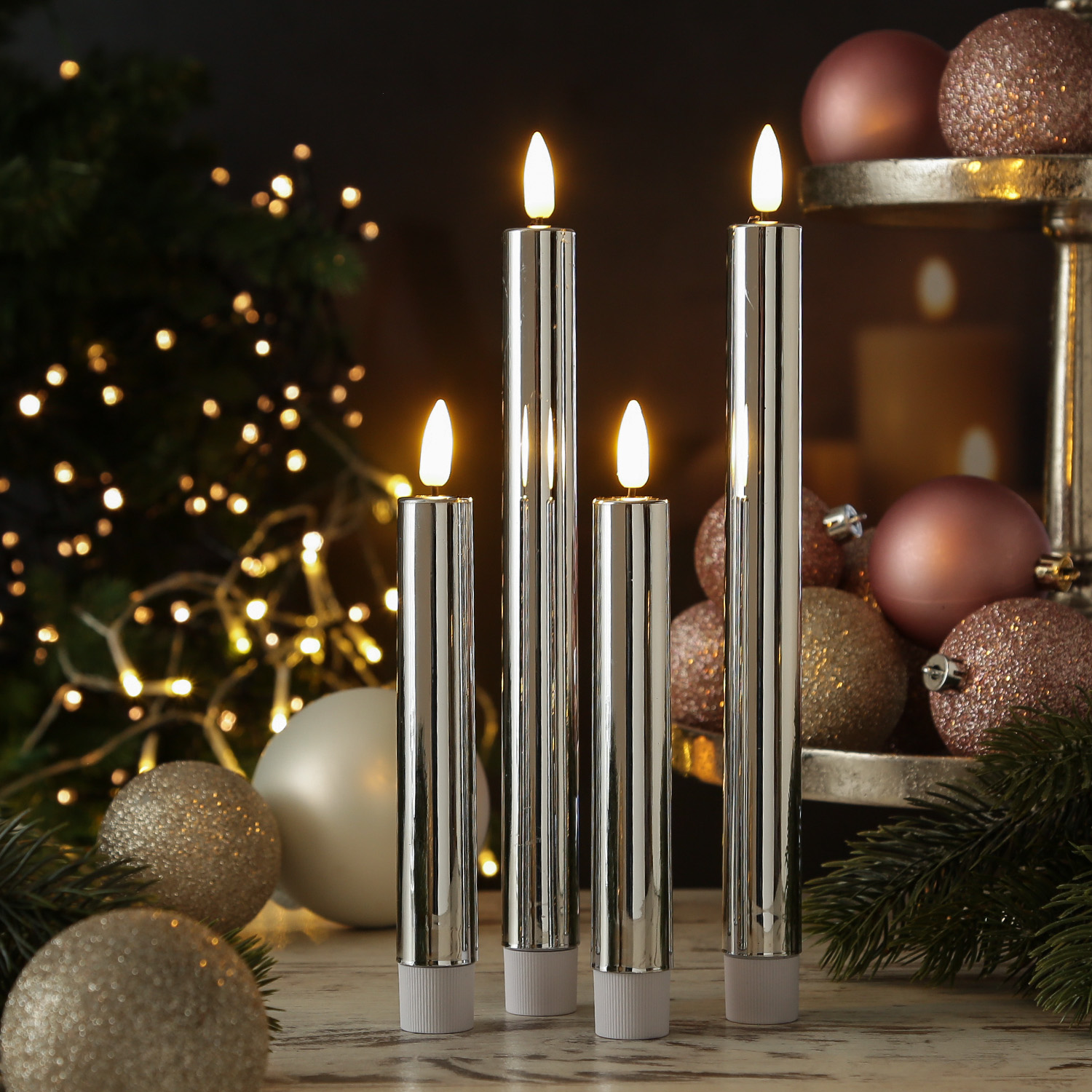 LED Stabkerzen - Tafelkerzen aus Kunststoff - H: 25cm - Timer - silber glänzend - 2er Set LED Stabkerzen - Tafelkerzen aus Kunststoff - H: 25cm - Timer - silber glänzend - 2er Set