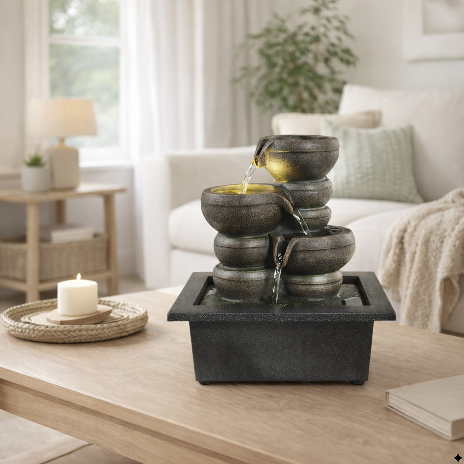 Kaskaden-Tischbrunnen mit LED Beleuchtung H25cm Zimmerbrunnen innen und außen