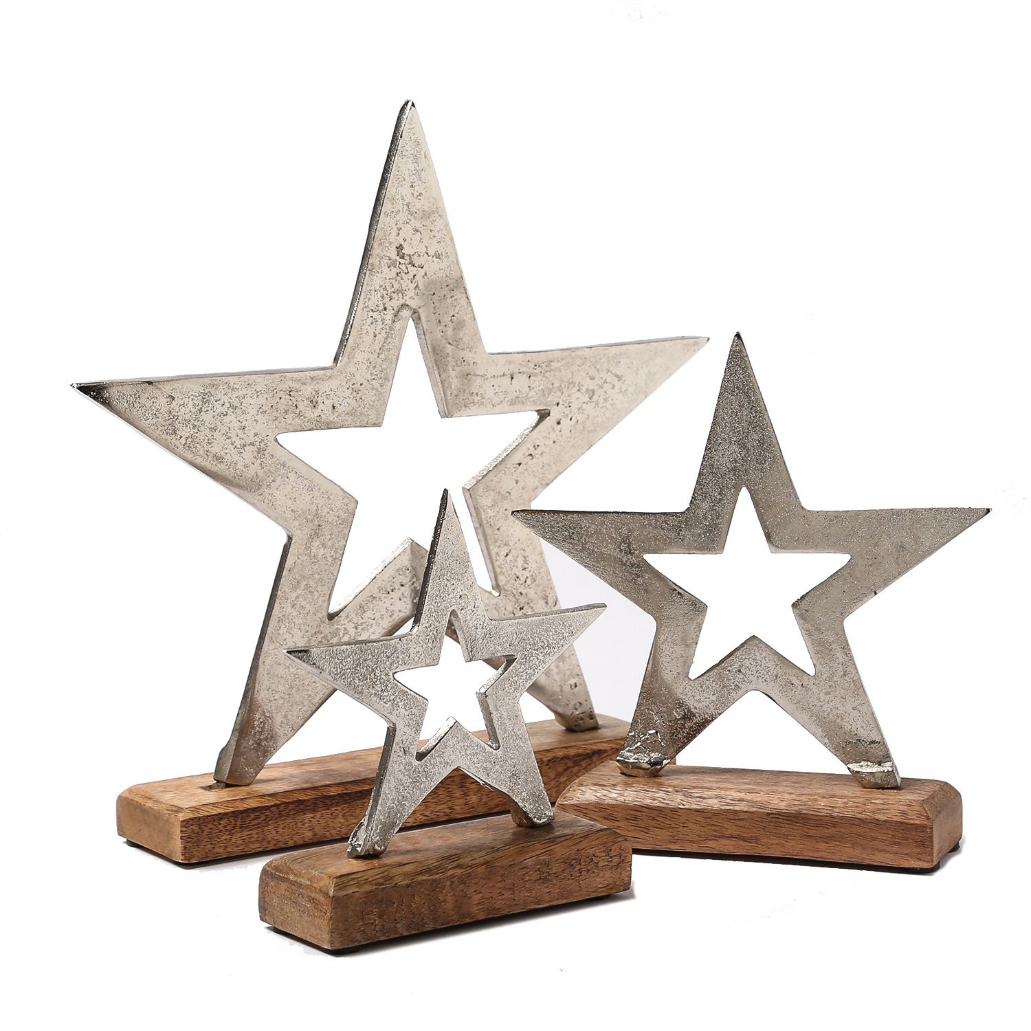 Dekostern aus Aluminium - stehend - Mangoholzsockel - 28,7cm, 20cm, 15,5cm - natur, silber - 3er Set Dekostern aus Aluminium - stehend - Mangoholzsockel - 28,7cm, 20cm, 15,5cm - natur, silber - 3er Set