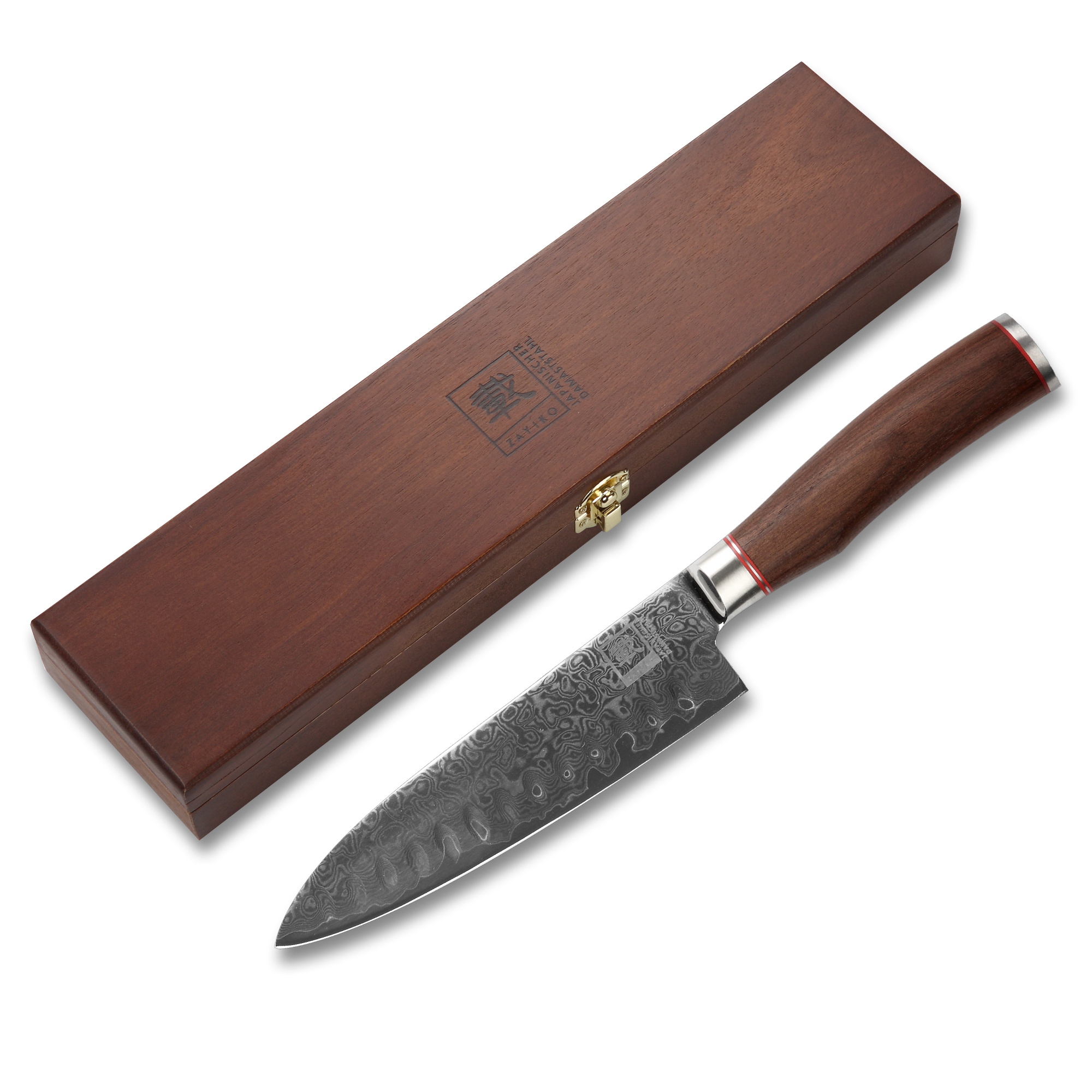 ZAYIKO Damastmesser KURUMI Santokumesser - 17,5cm Klinge - Nussbaumgriff - VG-10 Stahlkern